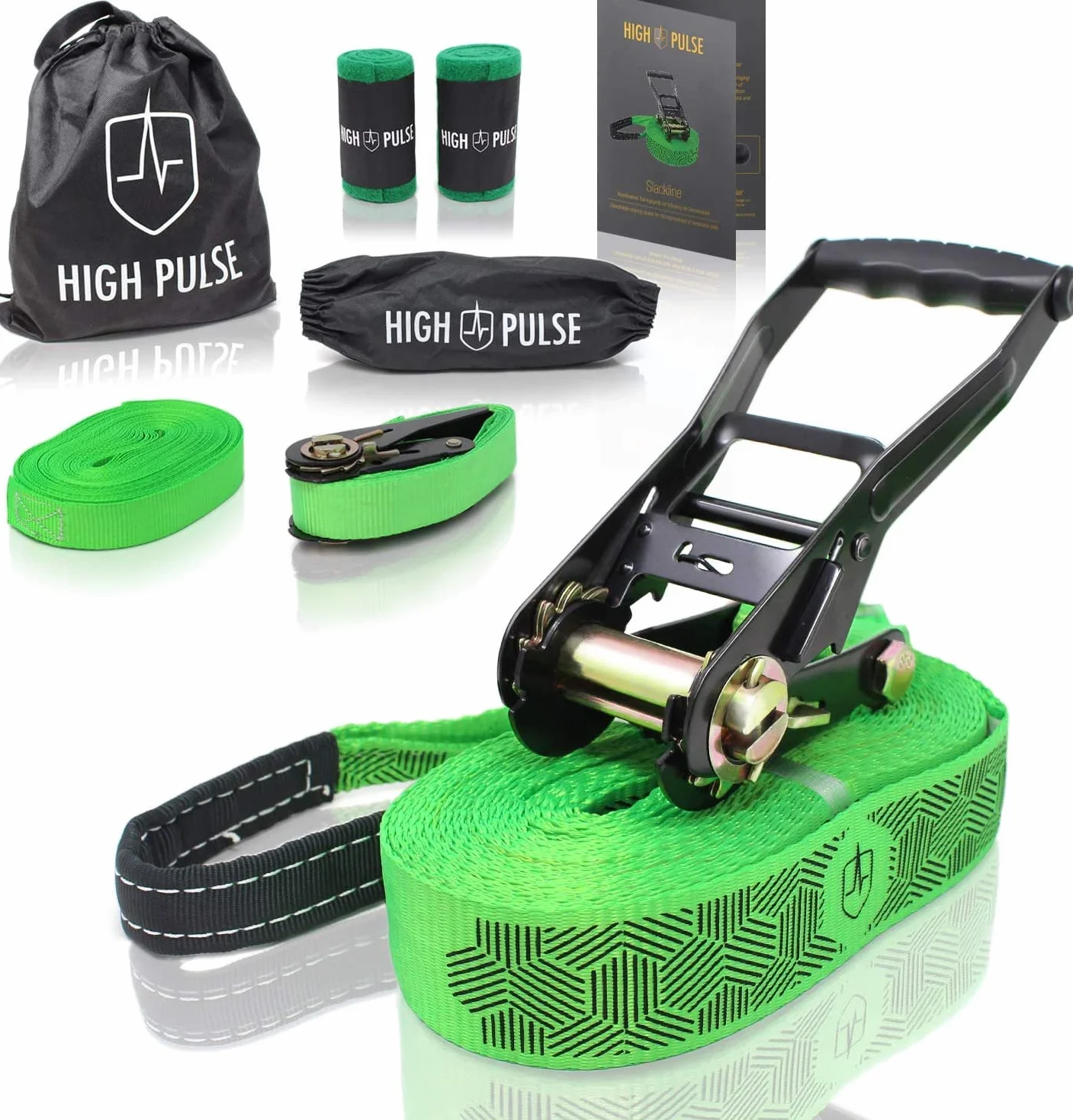 High Pulse Slackline - Kit Complet pour Adultes Débutants et Confirmés - Slackline 15m avec Sac de Transport, Sangle à Cliquet et Protection Arbre - Sport d'Équilibre Facile à Installer dans le Jardin