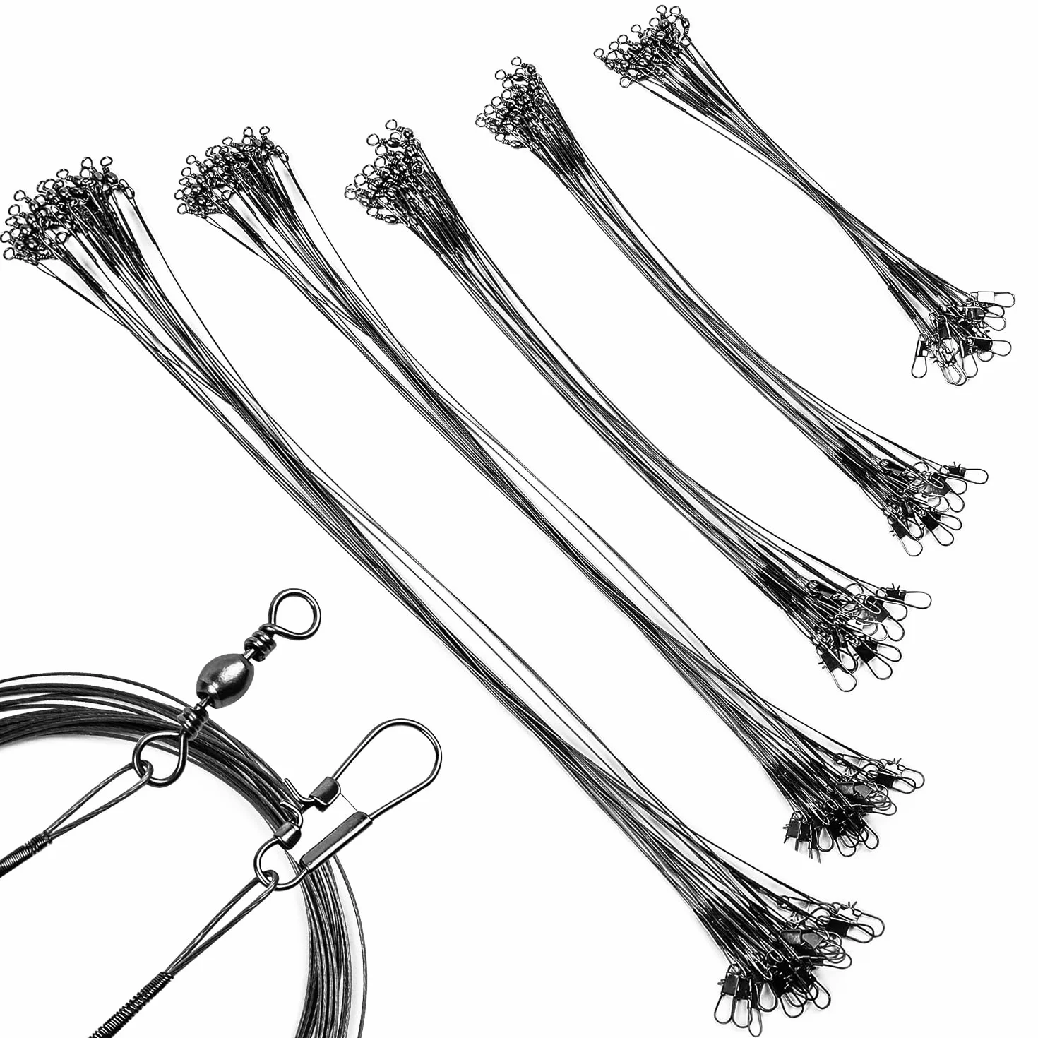 Lot de 50 fils de pêche en acier inoxydable, anti-morsure, lignes avec pivot (10/15/20/25/30 cm)