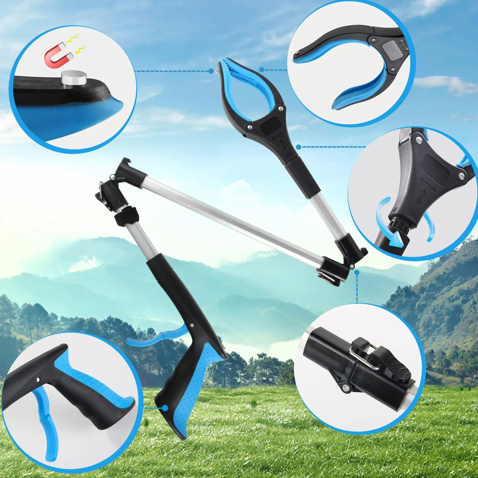 Pince télescopique 91cm Aluminium Tête Rotative 360° Collecte Déchets