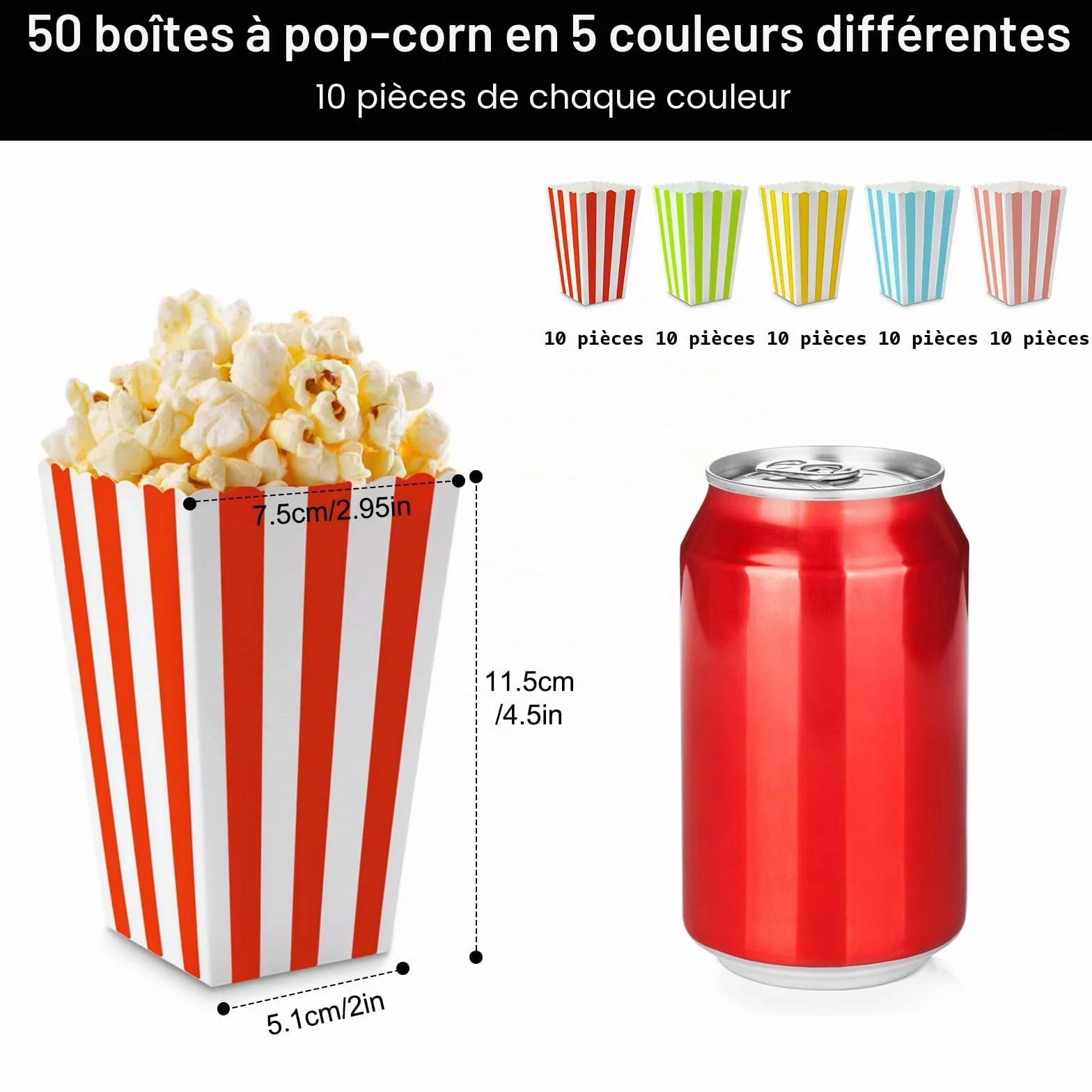 Boîtes à Popcorn Rétro 50 Pièces 5 Couleurs Carton pour Anniversaires Soirées Cinéma