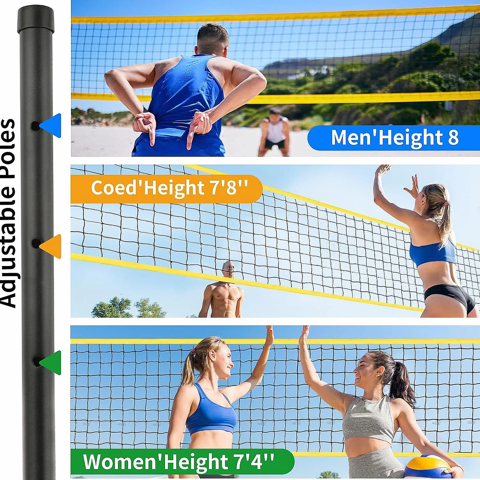 Filet de Badminton Volley-Ball Portable Réglable en Hauteur 9.75M x 0.91M Extérieurs