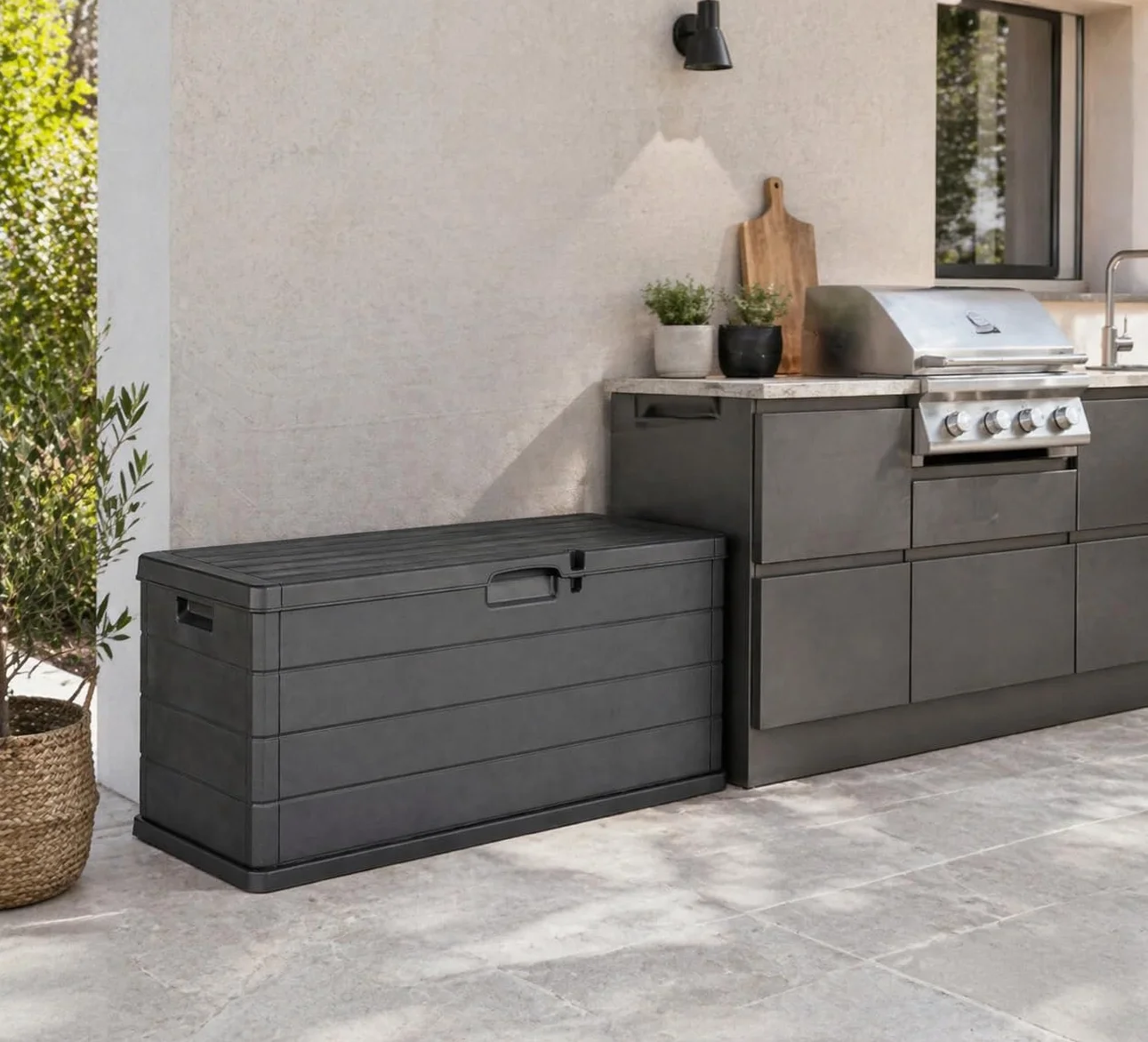 Coffre d'extérieur 340 L effet bois résine anthracite 118 x 59 x 57 cm