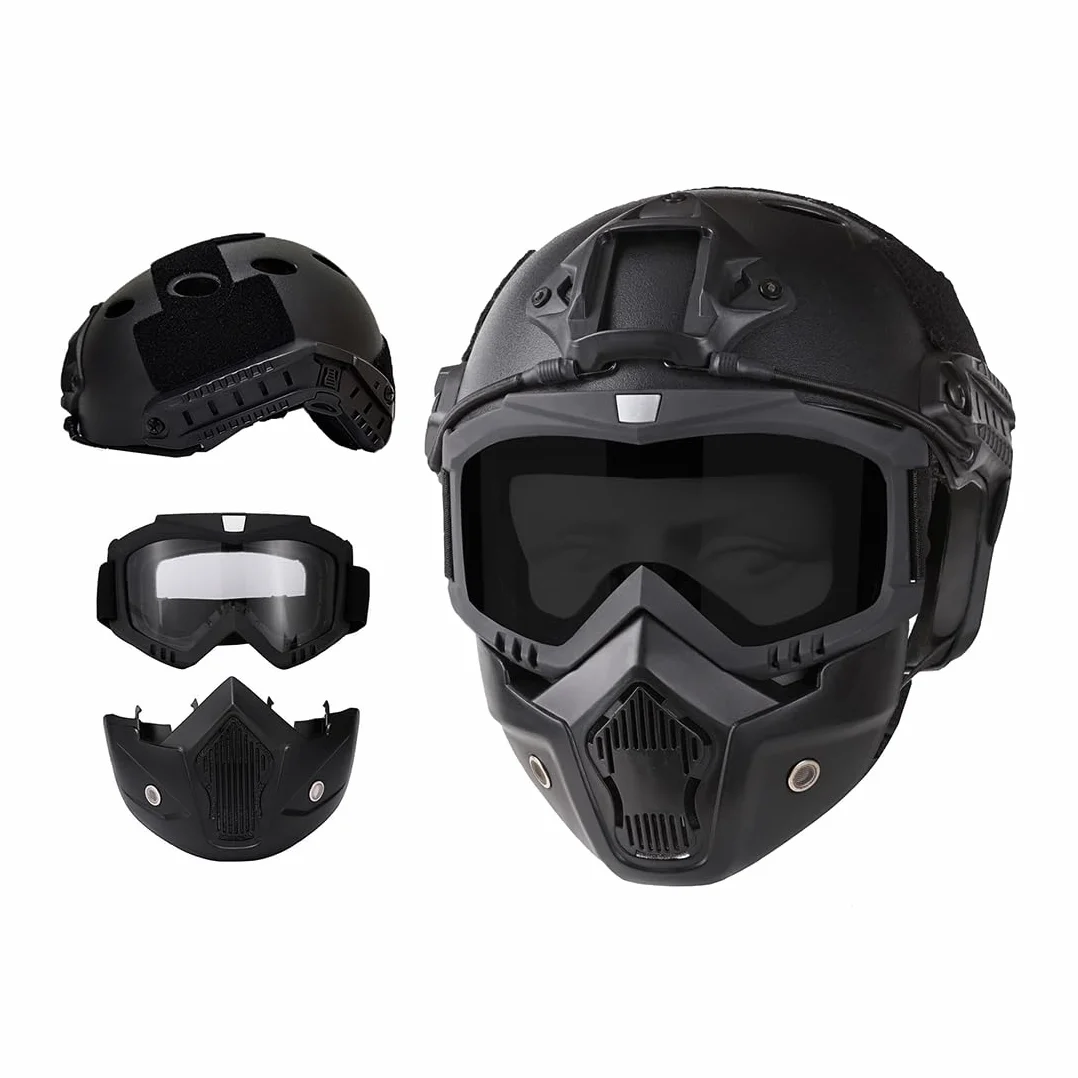 Casque Tactique Airsoft Masque Intégral Lunettes Amovibles Support NVG Rail Latéral