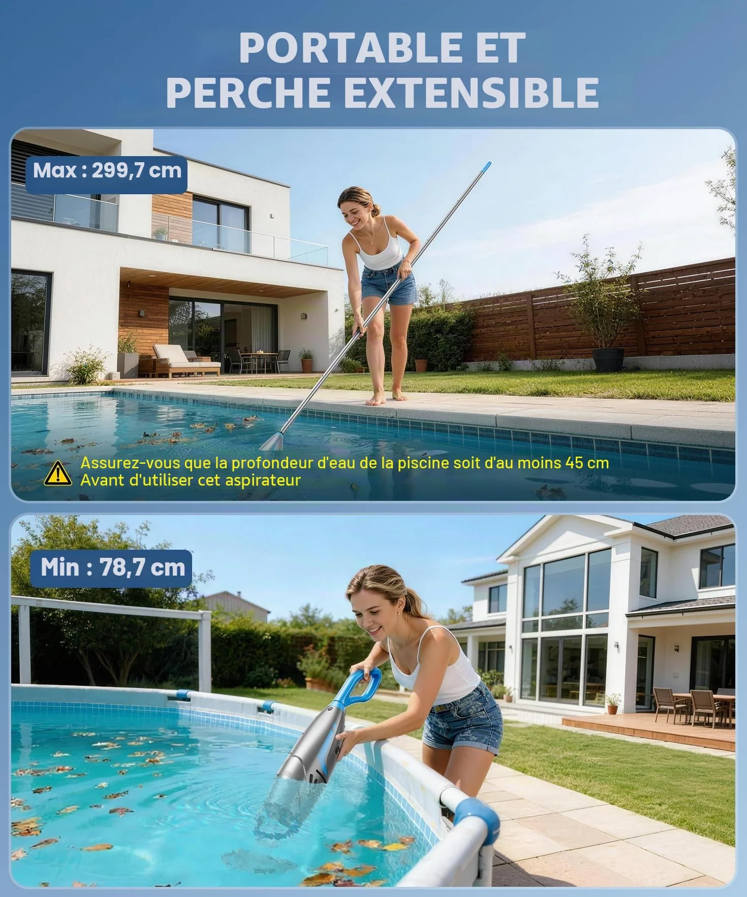 Aspirateur Piscine sans Fil 26,5 GPM IPX8 Balai Rechargeable avec 2 Têtes et 4 Sacs Filtrants