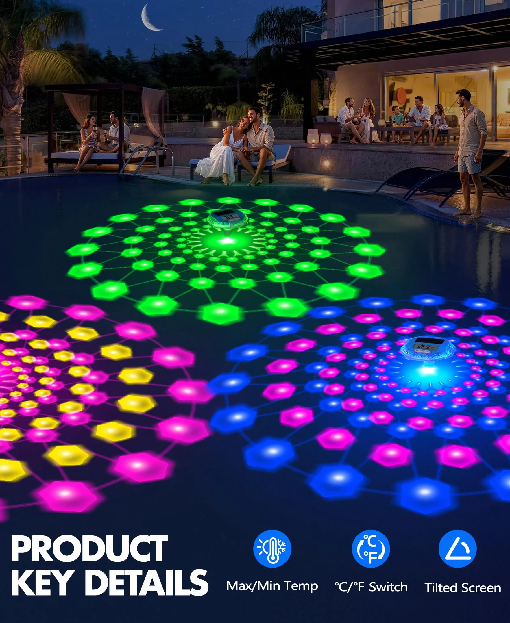 LanBlu Thermomètre Piscine Flottante avec Lumière, Solaire Facile à Lire la Nuit, Grand Écran LCD pour Bassin Spa