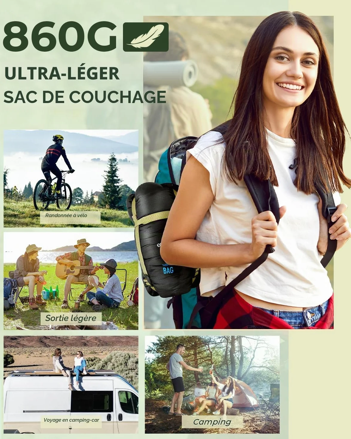 Ohuhu Sac de Couchage Léger 860 g 15-25°C 190 x 83 cm pour Camping Randonnée Trekking