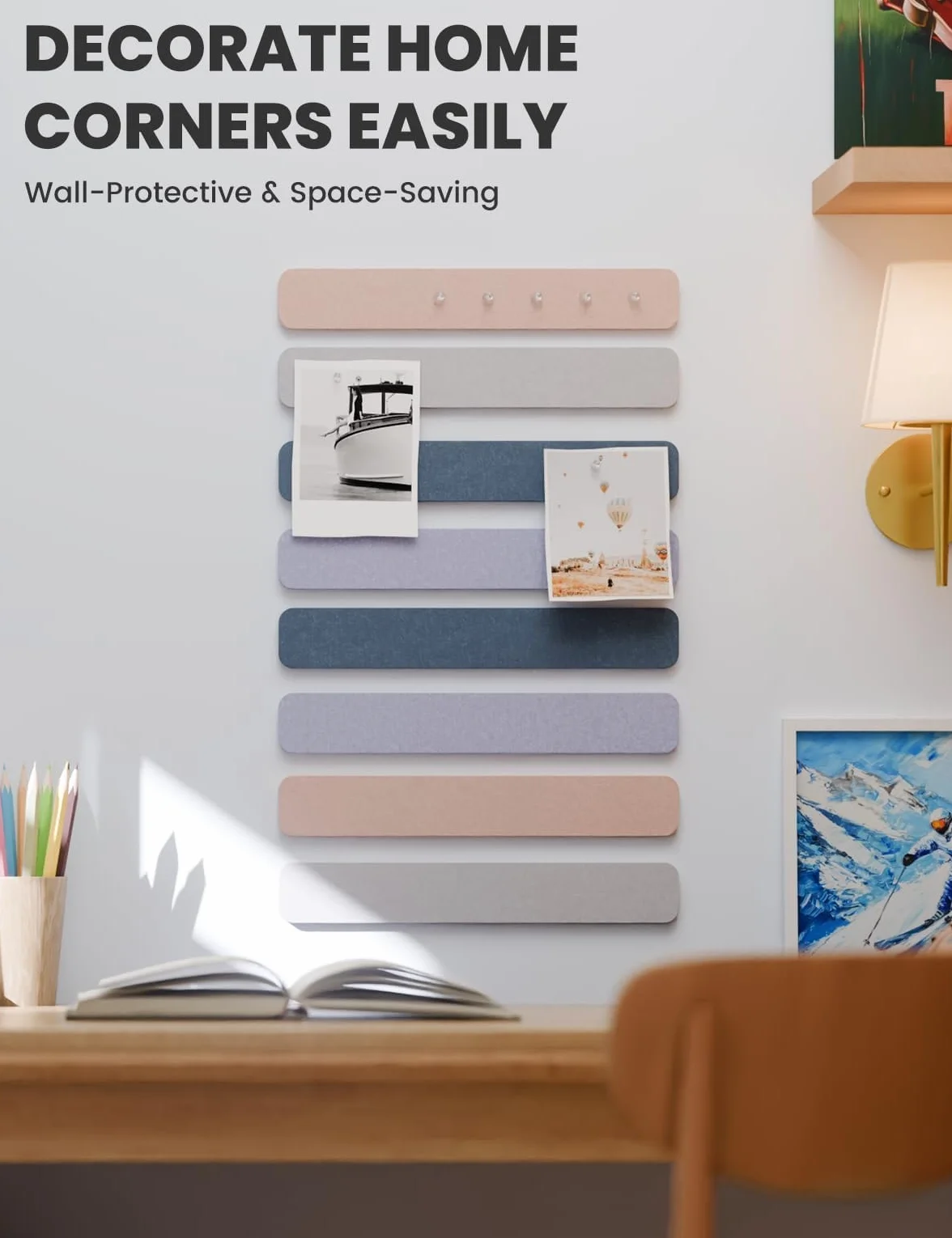 Tableau Feutrine pour Bureau 33x5 cm, Lot de 8 Panneaux Muraux Feutre Autocollante avec 30 Punaises, Gris chiné