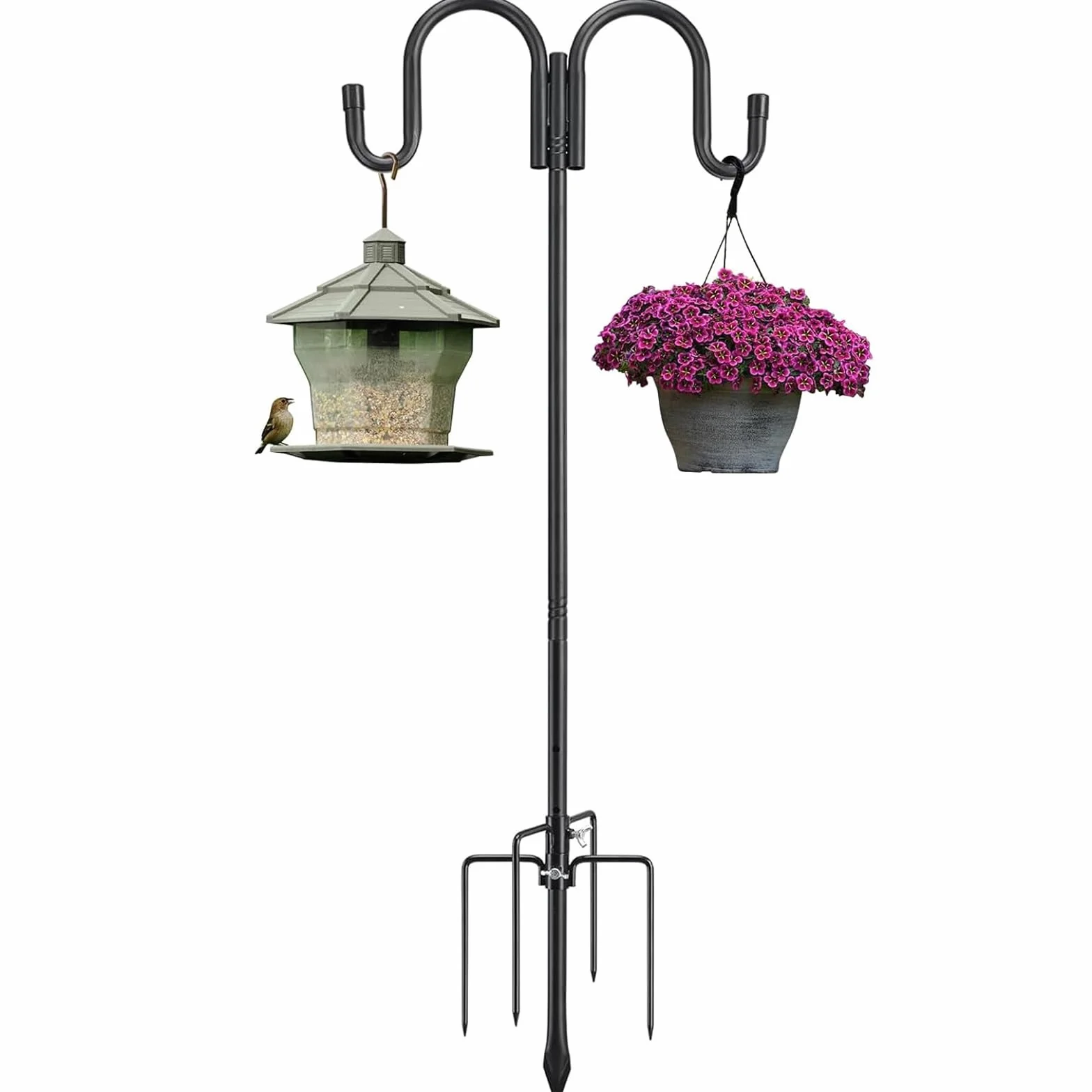 Crochet de Berger de Jardin 170cm Double Crochet Robuste avec 5 Broches Base Support d'Extérieur pour Mangeoires à Oiseaux et Plantes