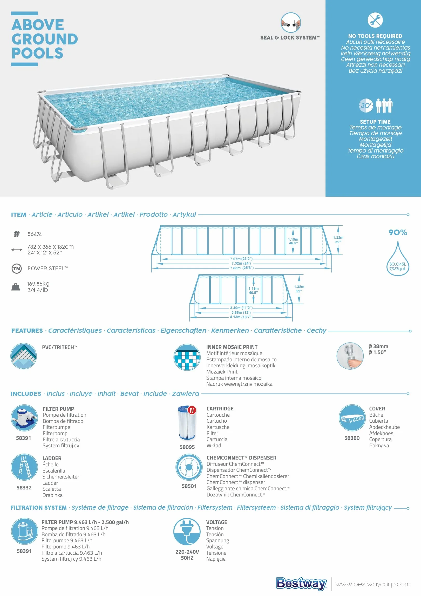 Bestway piscine hors sol rectangulaire Power Steel 732 x 366 x 132 cm