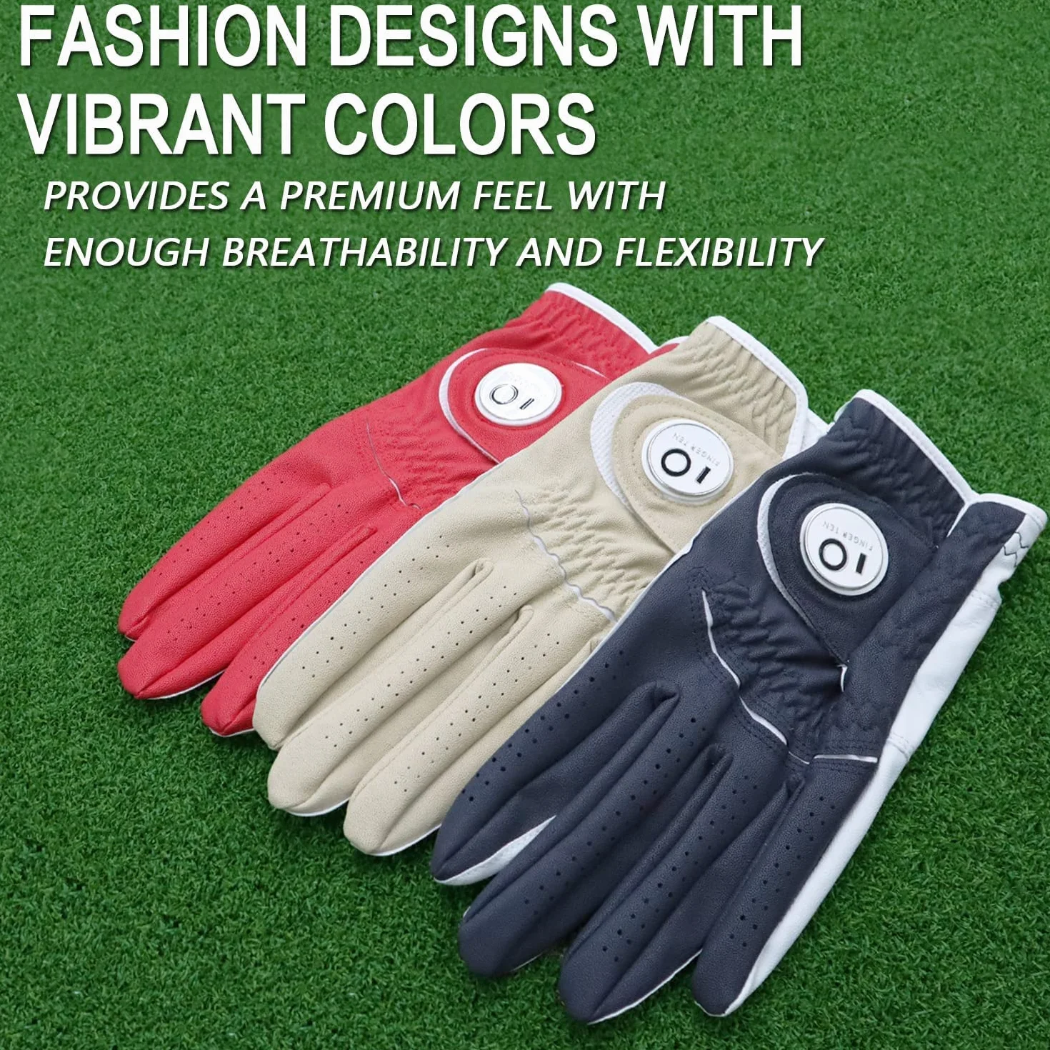 FINGER TEN Gant de Golf Homme Cuir avec Marqueur de Balle, Gants Durable Doux Confortable S M ML L XL Bleu Foncé