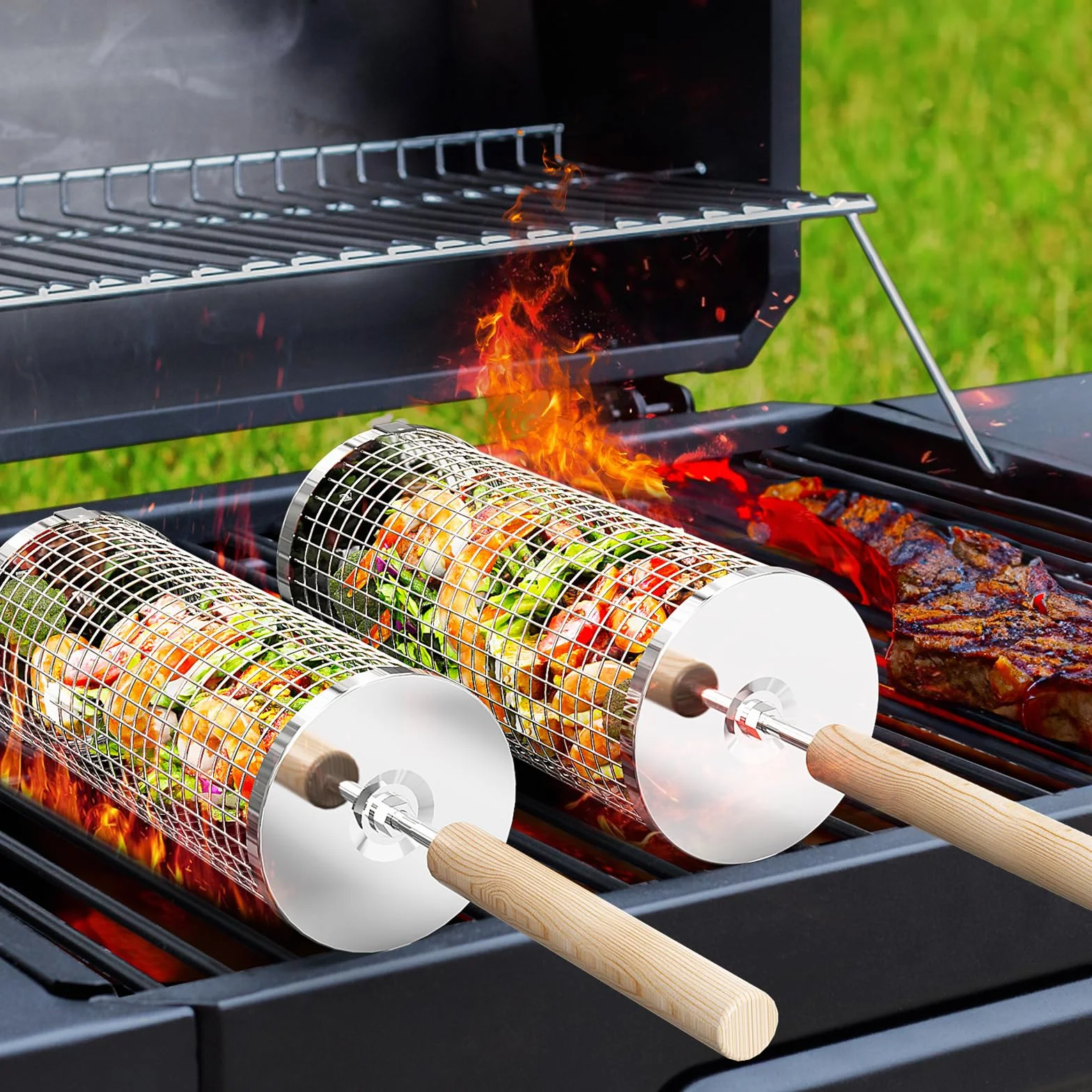 Panier à Barbecue Roulant en Acier Inoxydable 304, Poignée Détachable, Gigogne, Accessoires Grille à Légumes