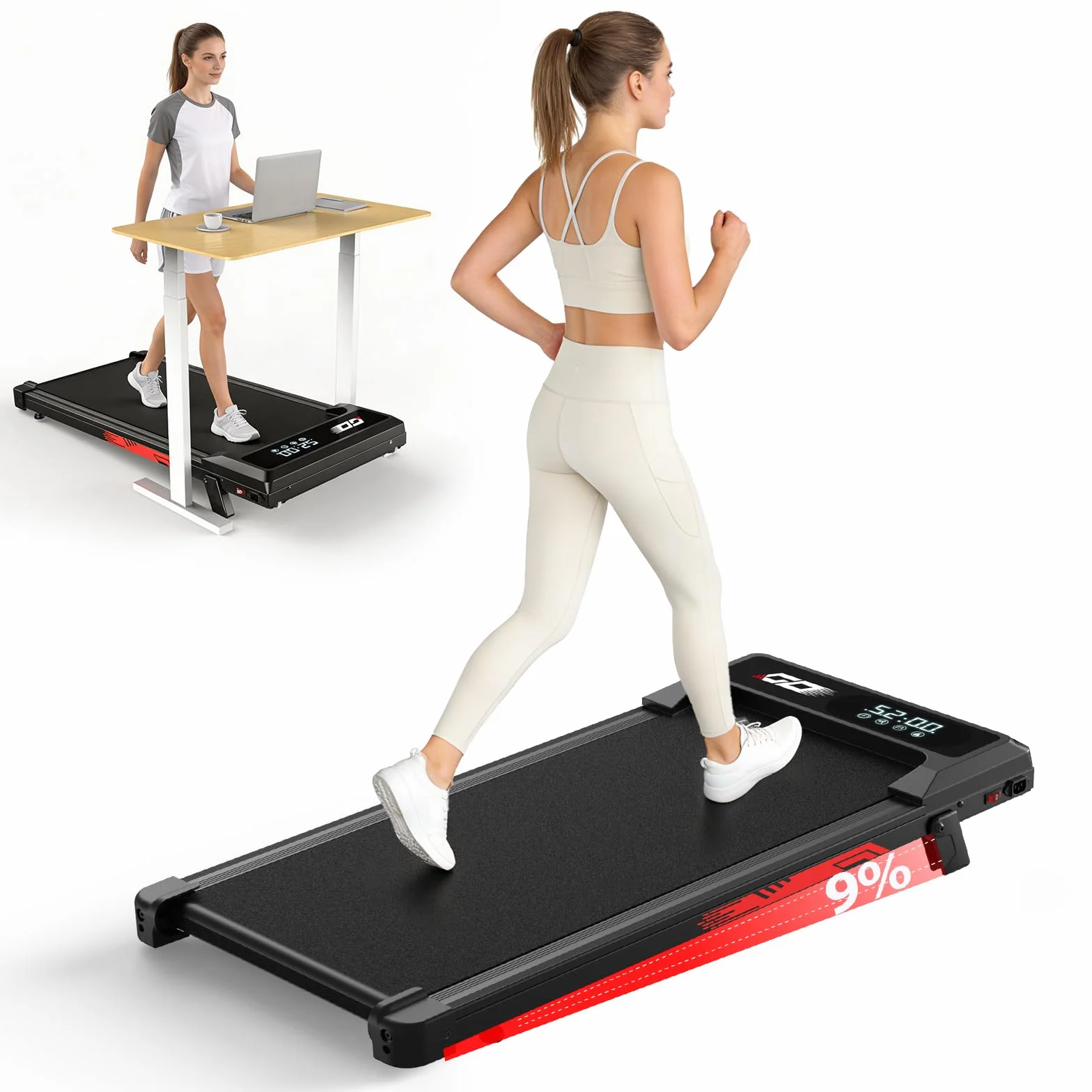 Tapis de Course et de Marche 3 en 1 avec Pente 9%, Tapis Roulant Walking Pad Pliable 1-10 km/h, Moteur sans Balais Silencieux 3,0 HP, 140 kg, LED, Amorti