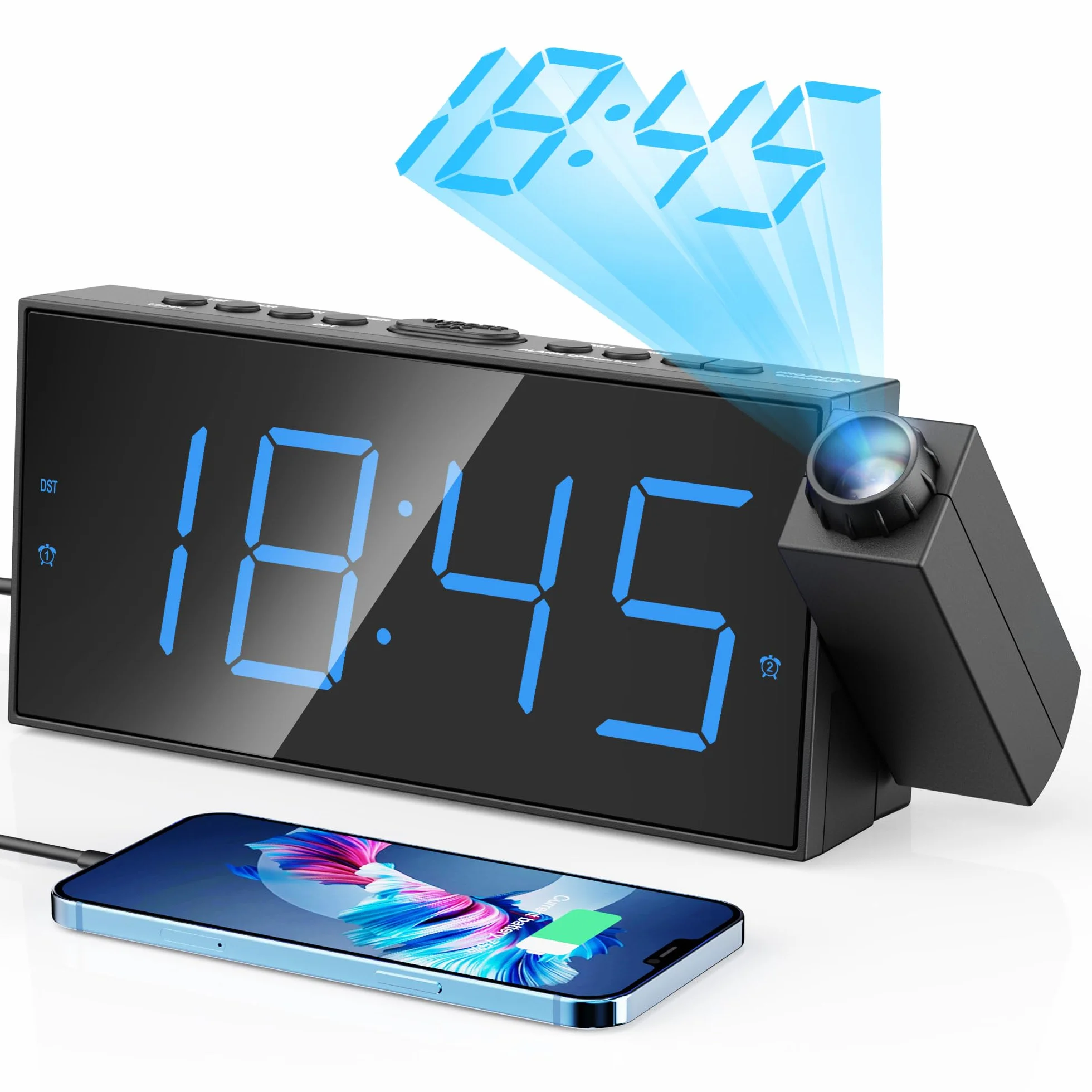Reveil Projecteur Enfants LED 180° 7" Plafond Snooze Luminosité Réglable 12/24H