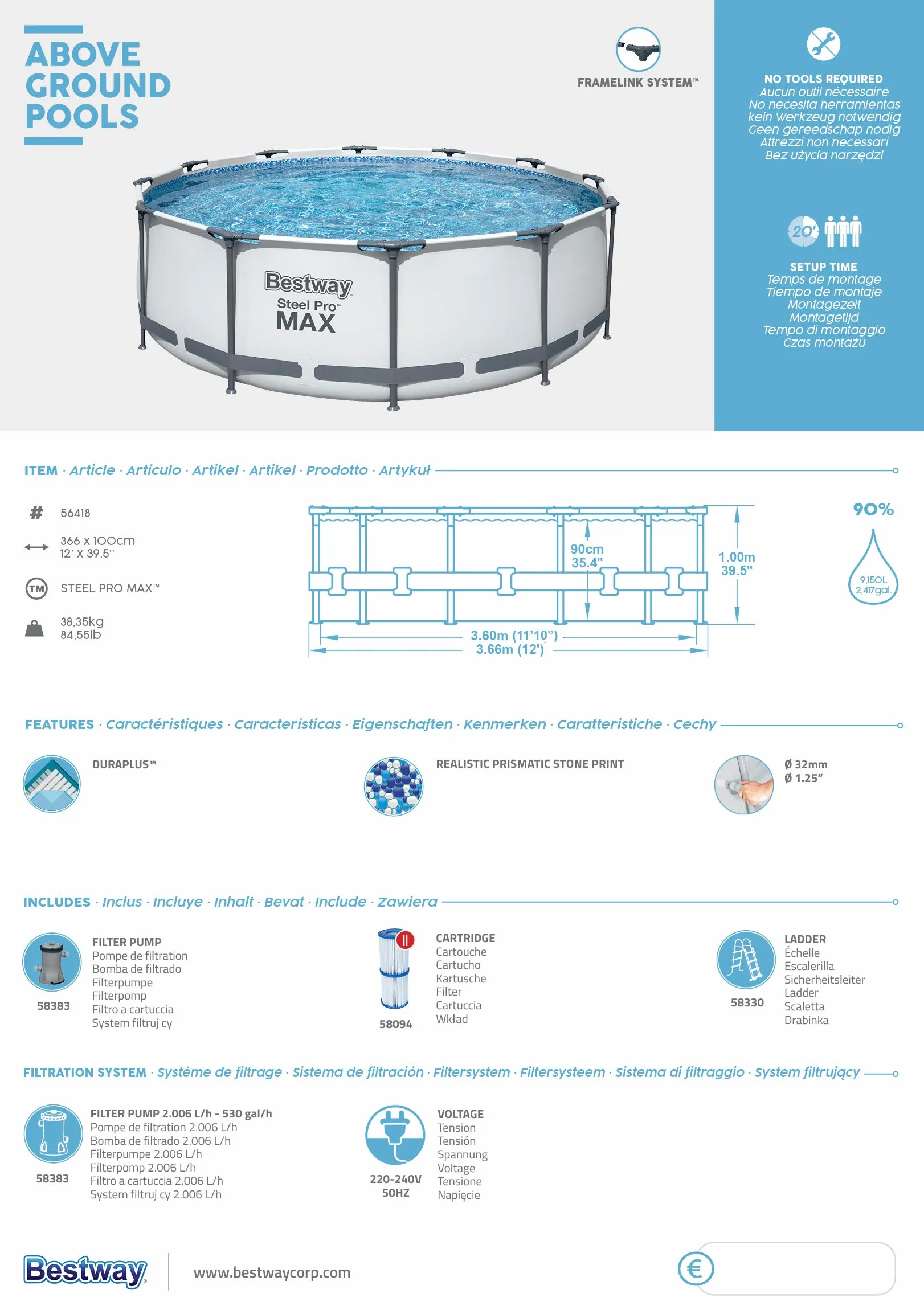 BESTWAY Piscine hors sol ronde Steel Pro Max 366 x 100 cm