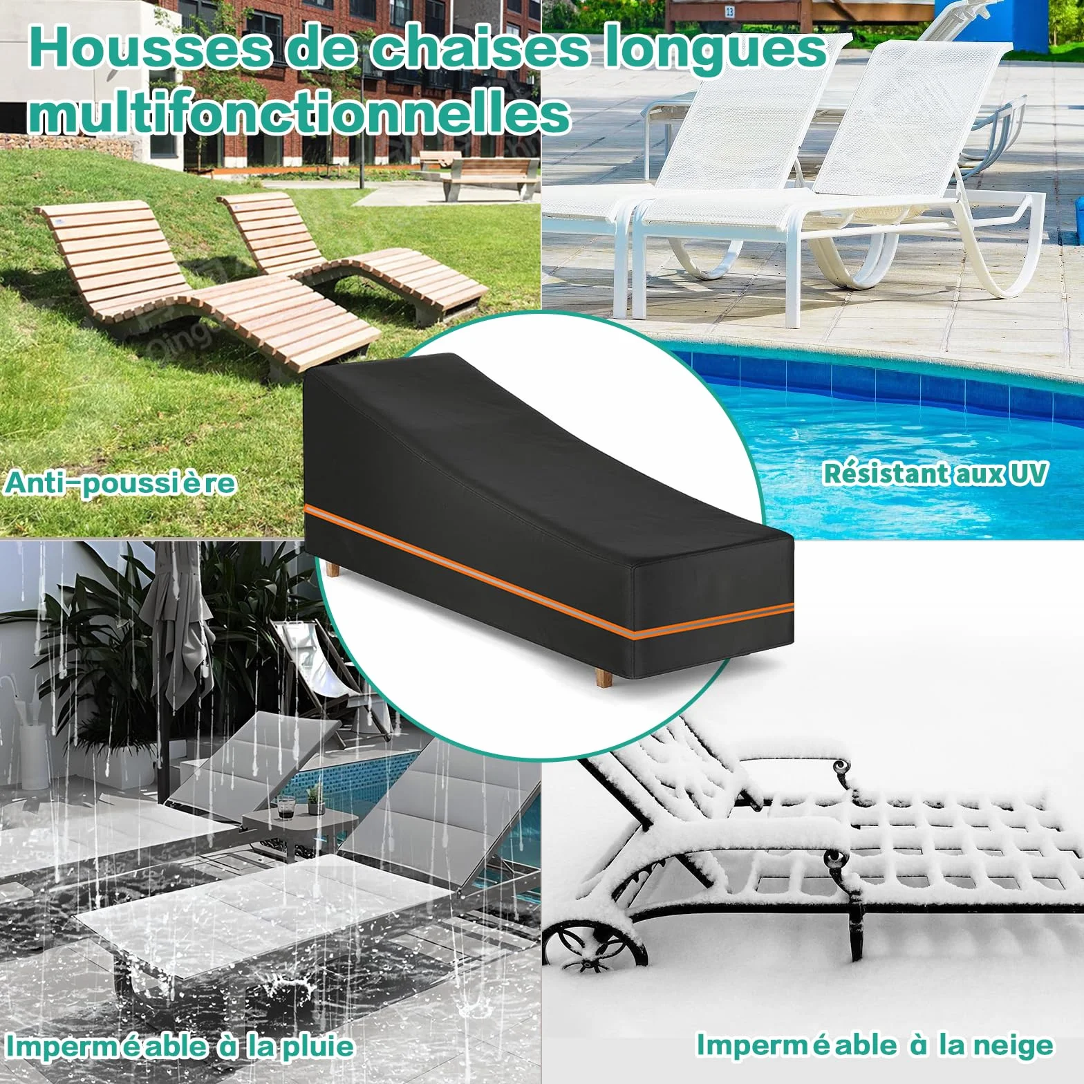 Housse de Protection pour Transat 2Pcs Imperméable Anti-UV Jardin Tissu Oxford 600D Renforcé 200x75x40/70cm Noir