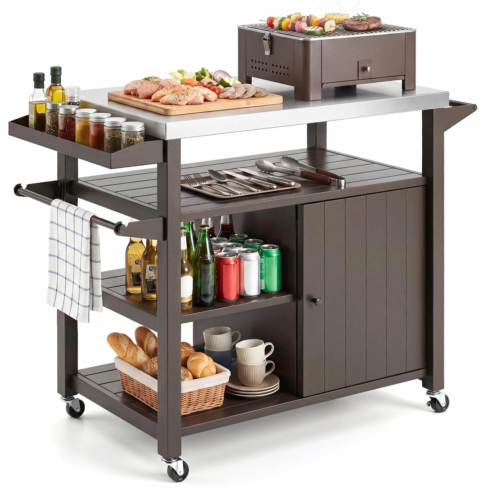 COSTWAY Chariot de Barbecue Extérieur Acier Inoxydable avec Rangement 116x50x87 cm