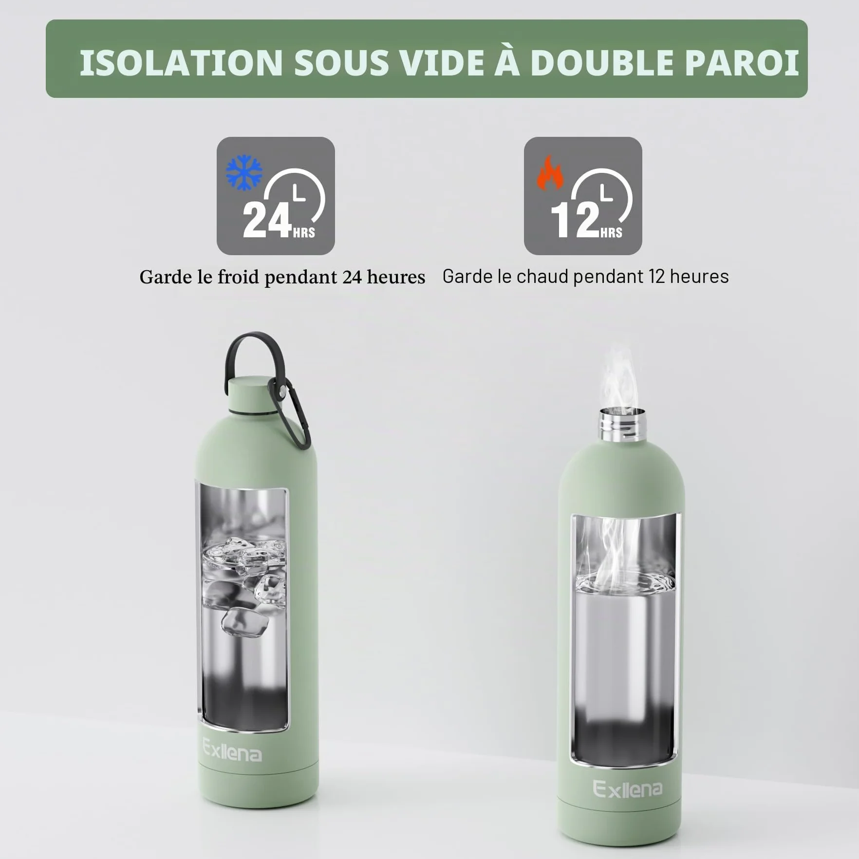 Exllena Gourde Isotherme 1.5l avec Poignée Pratique - Bouteille Isotherme avec 24 Heures de Conservation au 24h Froid/12h Chaud, Revêtement Anti-Dérapant - Étanche Sans BPA (Vert Sauge)