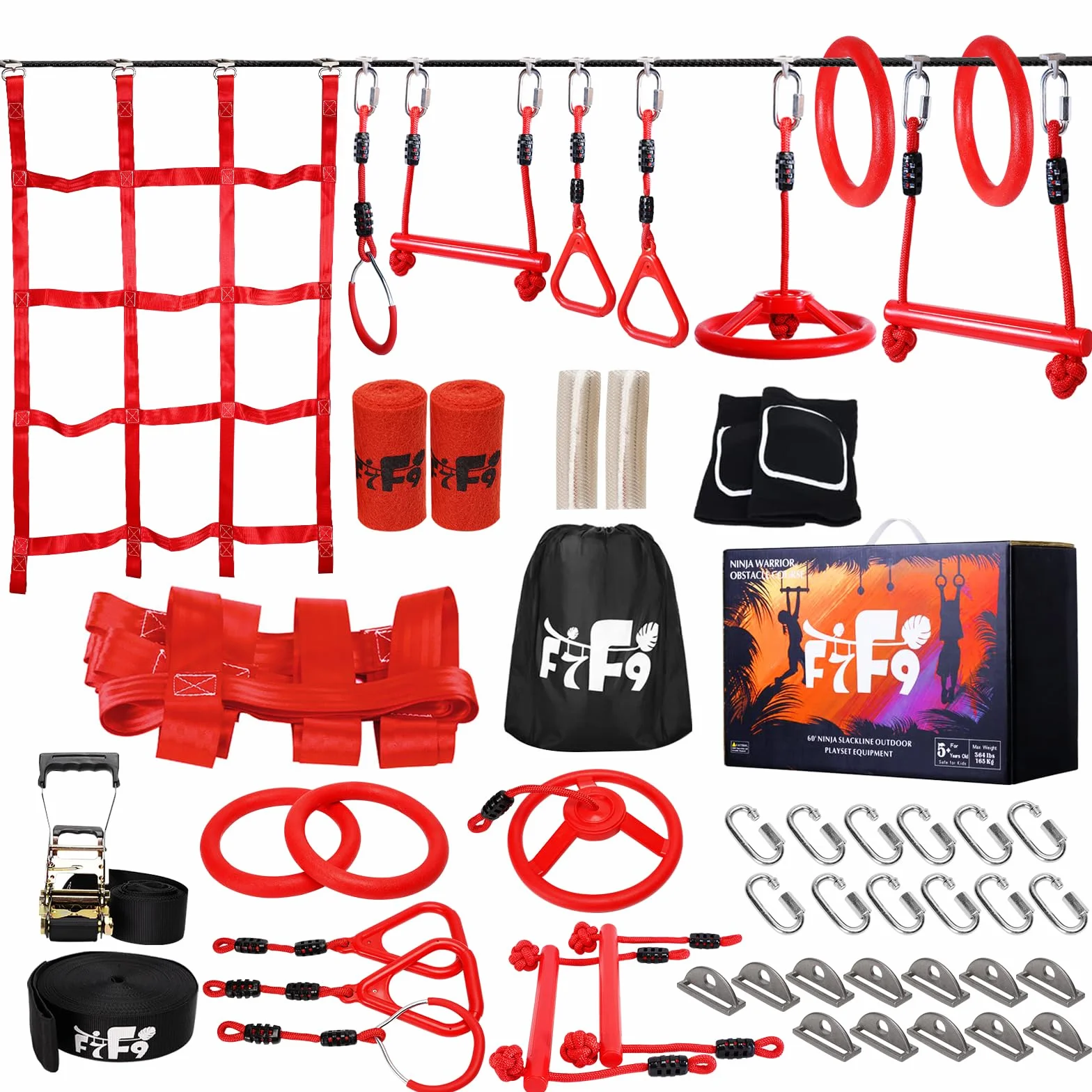 Slackline Kit Parcours Ninja Warrior d'obstacles à Suspendre Mixte, 15 M Complet Obstacle Cours d'escalade pour Enfants Kit
