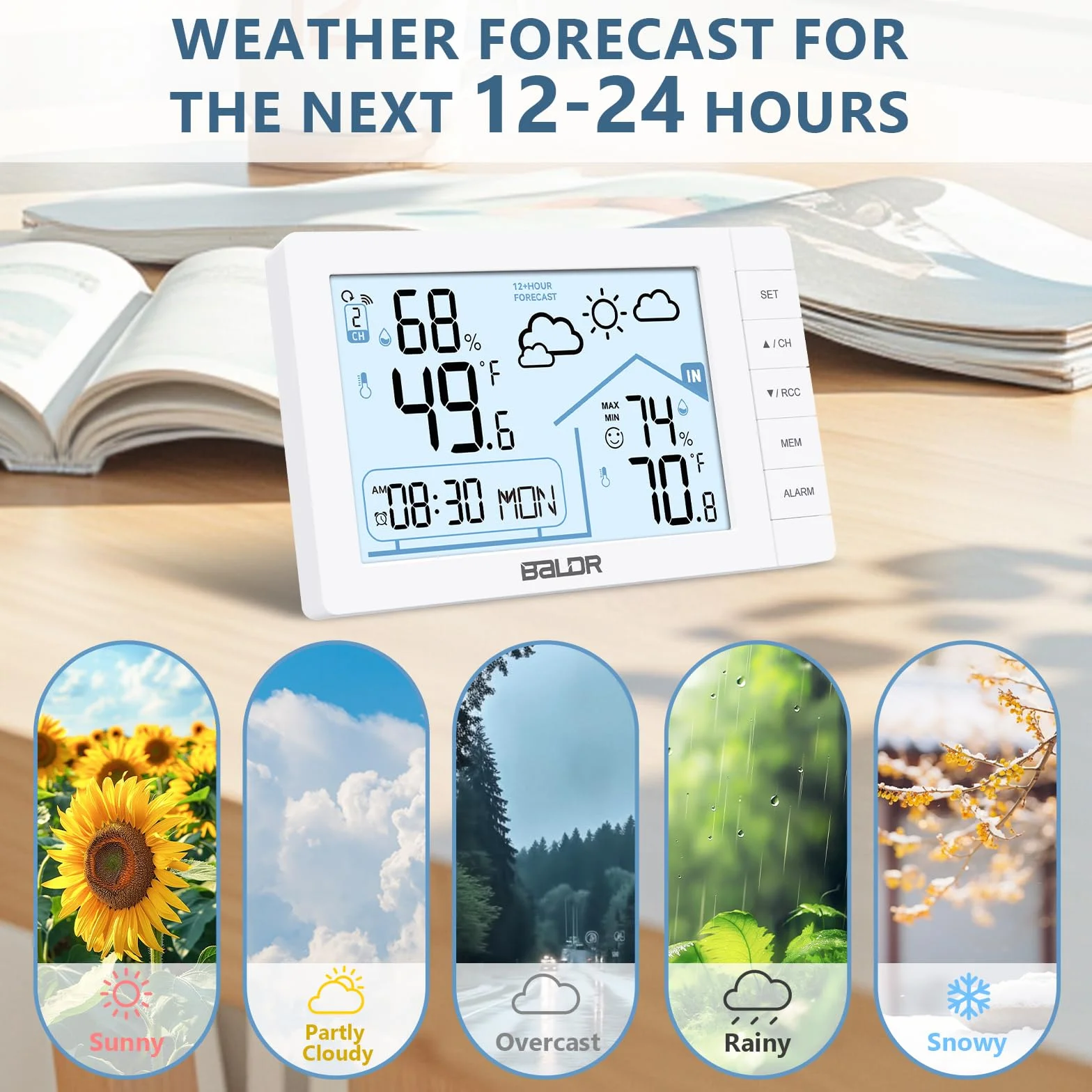 VIVILINEN Station Météo sans Fil avec Capteur Extérieur Thermomètre Horloge Radio-Pilotée Prévisions Hygromètre Alarme Snooze