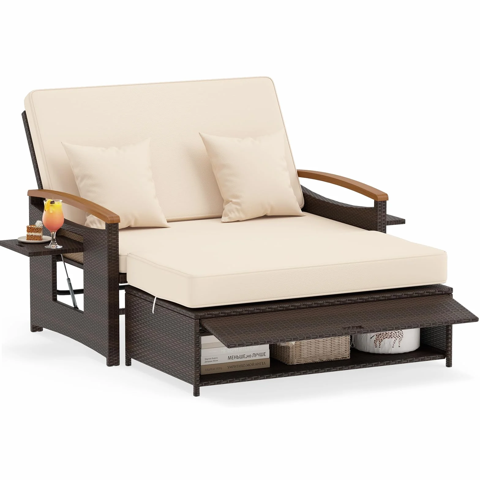 COSTWAY Salon de Jardin en Rotin avec Ottoman de Rangement, Charge 360KG, Bain de Soleil Plateau Latéral Rétractable Dossier Réglable Coussins 4 Positions, Canapé 2 Places Beige