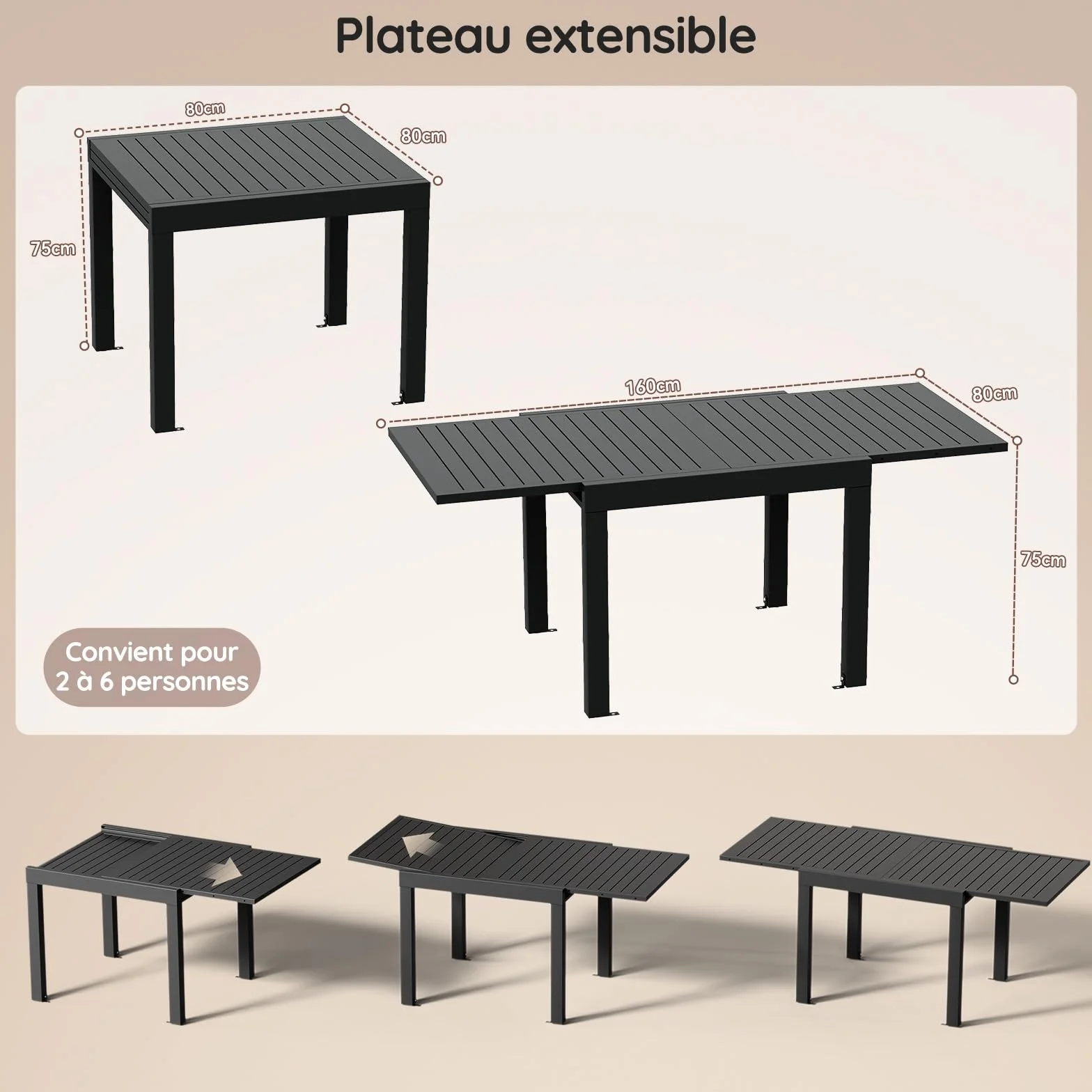 Table de Jardin Extensible Aluminium 80/160 x 80 x 75 cm Gris