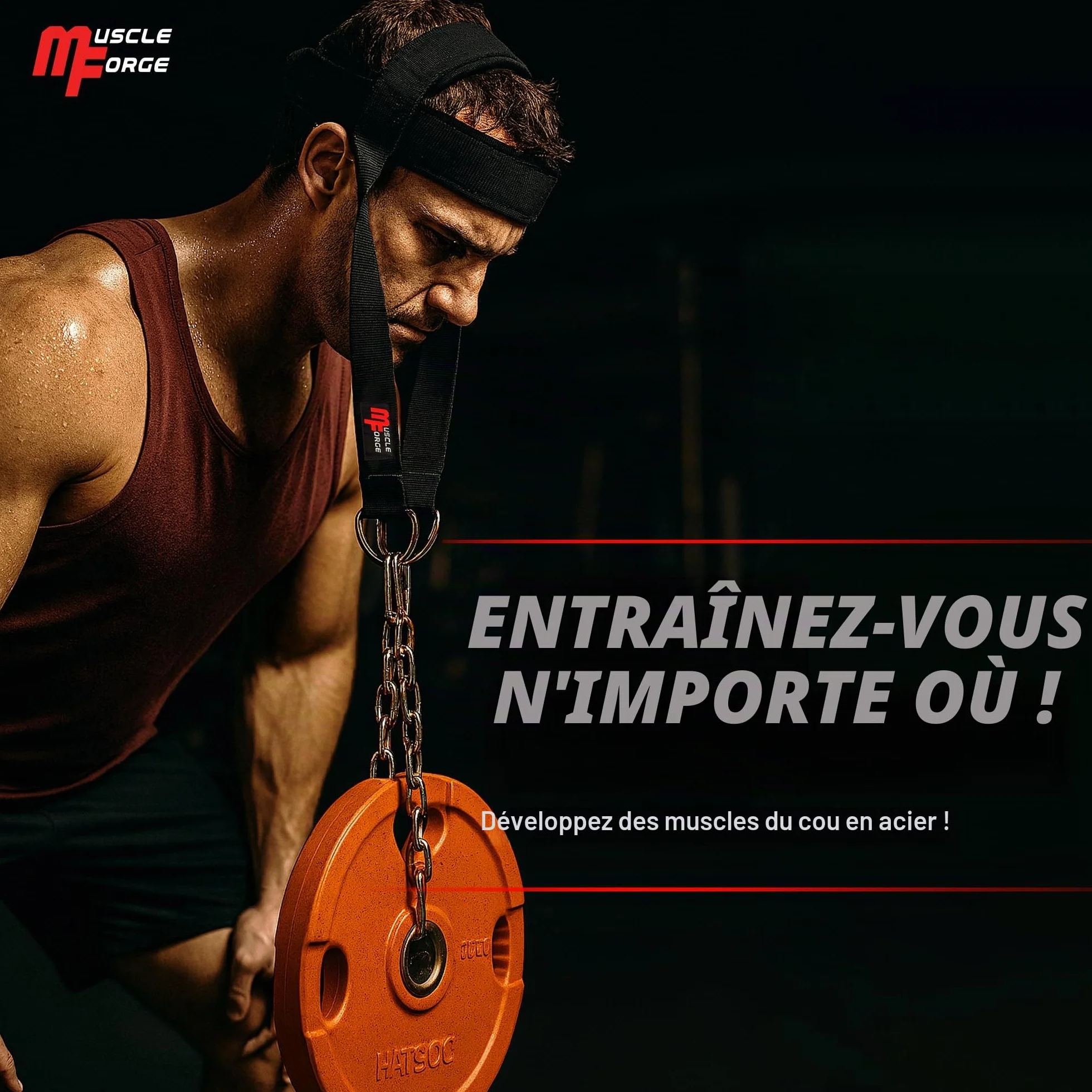 Harnais Cou Musculation 240 kg - Harnais Tête Néoprène Réglable avec Chaîne Acier - Neck Training Boxe MMA Lutte