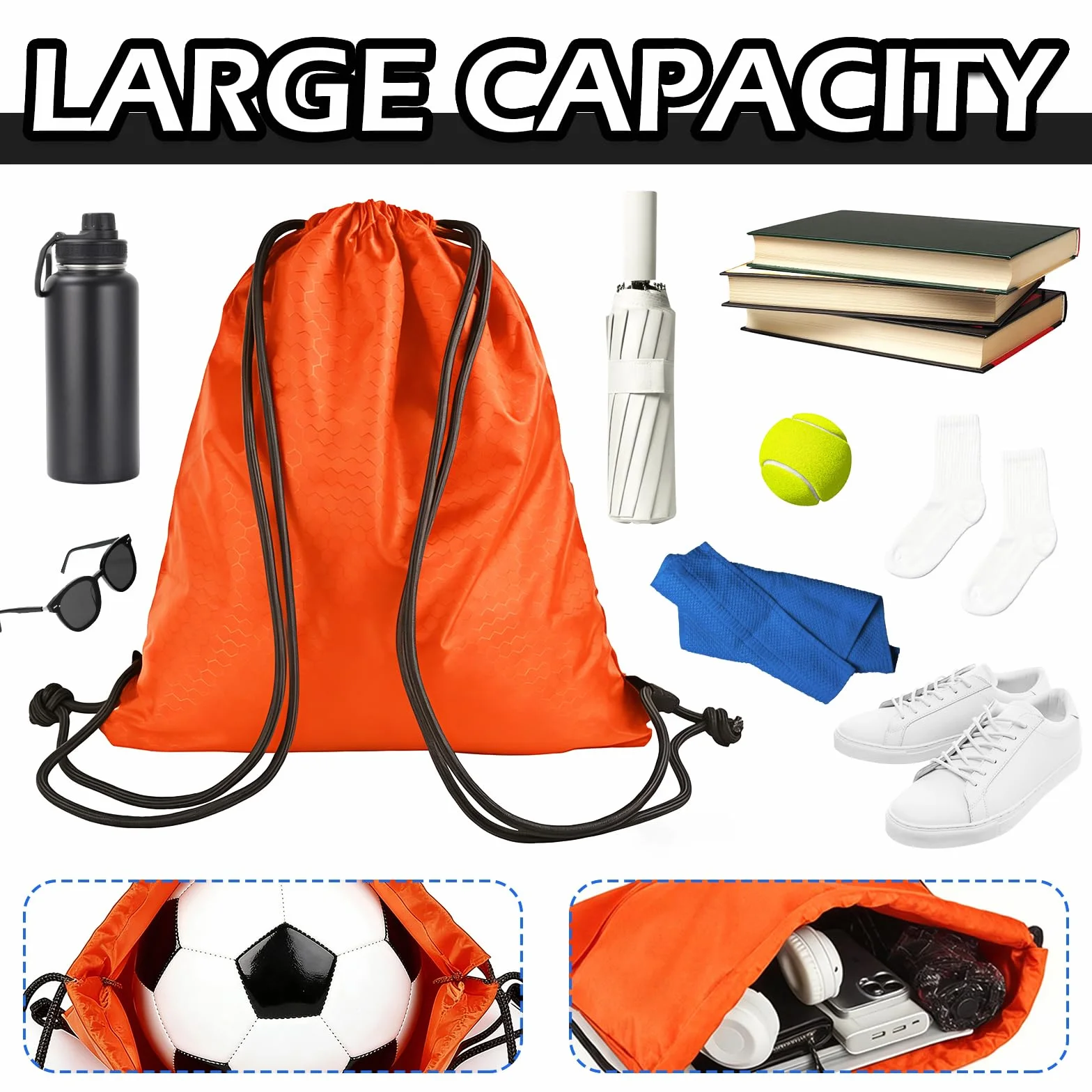 Sac à Cordon de Sport Étanche Pliable Orange pour Voyage Gym Plage