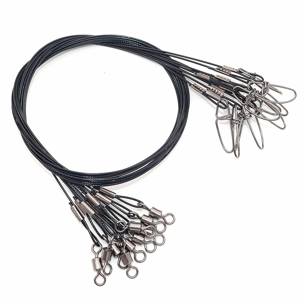 Lot de 20 câbles de pêche en acier inoxydable avec émerillons et boutons-pression, haute résistance pour ligne de pêche – 66,7 kg – Noir