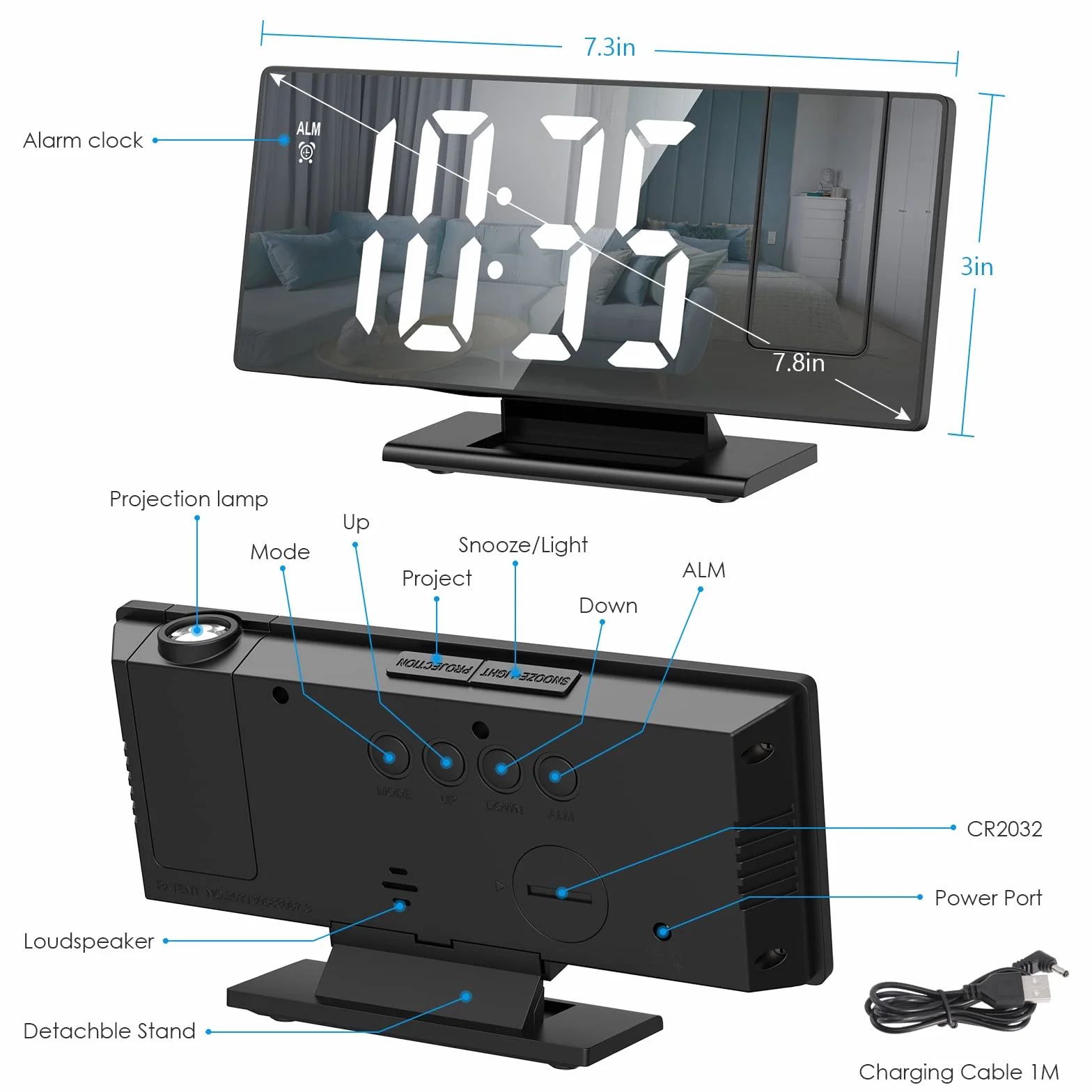 Réveil Projecteur Plafond LED Miroir Horloge Digitale Projection 180° USB