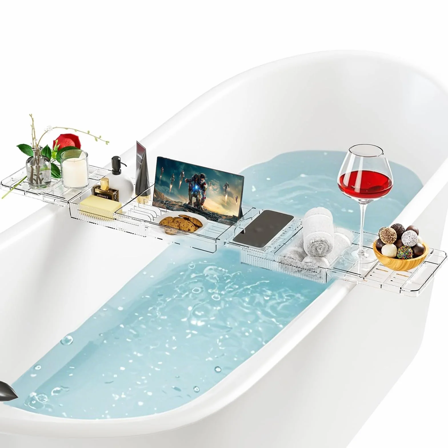 Plateau de baignoire réglable en plastique transparent avec évacuation d'eau