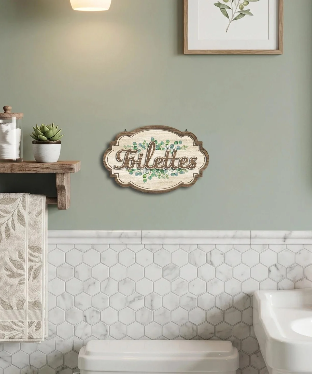 Plaque Murale Toilettes Eucalyptus Décoration Style Rustique MDF Salle de Bain