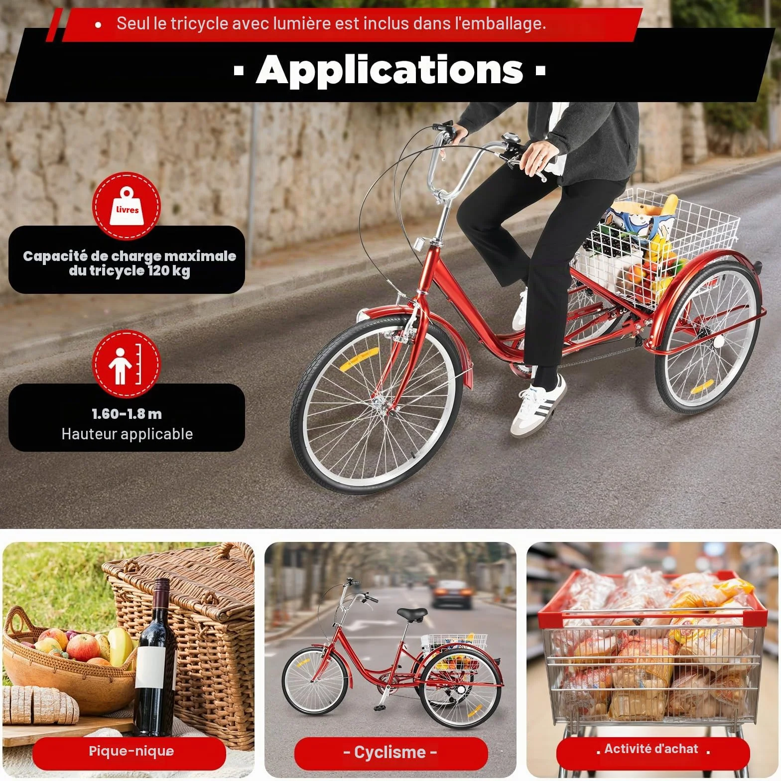 Tricycle 24 pouces 6 vitesses pour adultes avec lumière et panier à provisions, vélo cruiser à 3 roues, vélo de courses, tricycle adulte, siège réglable pour adultes, personnes âgées, sports de plein