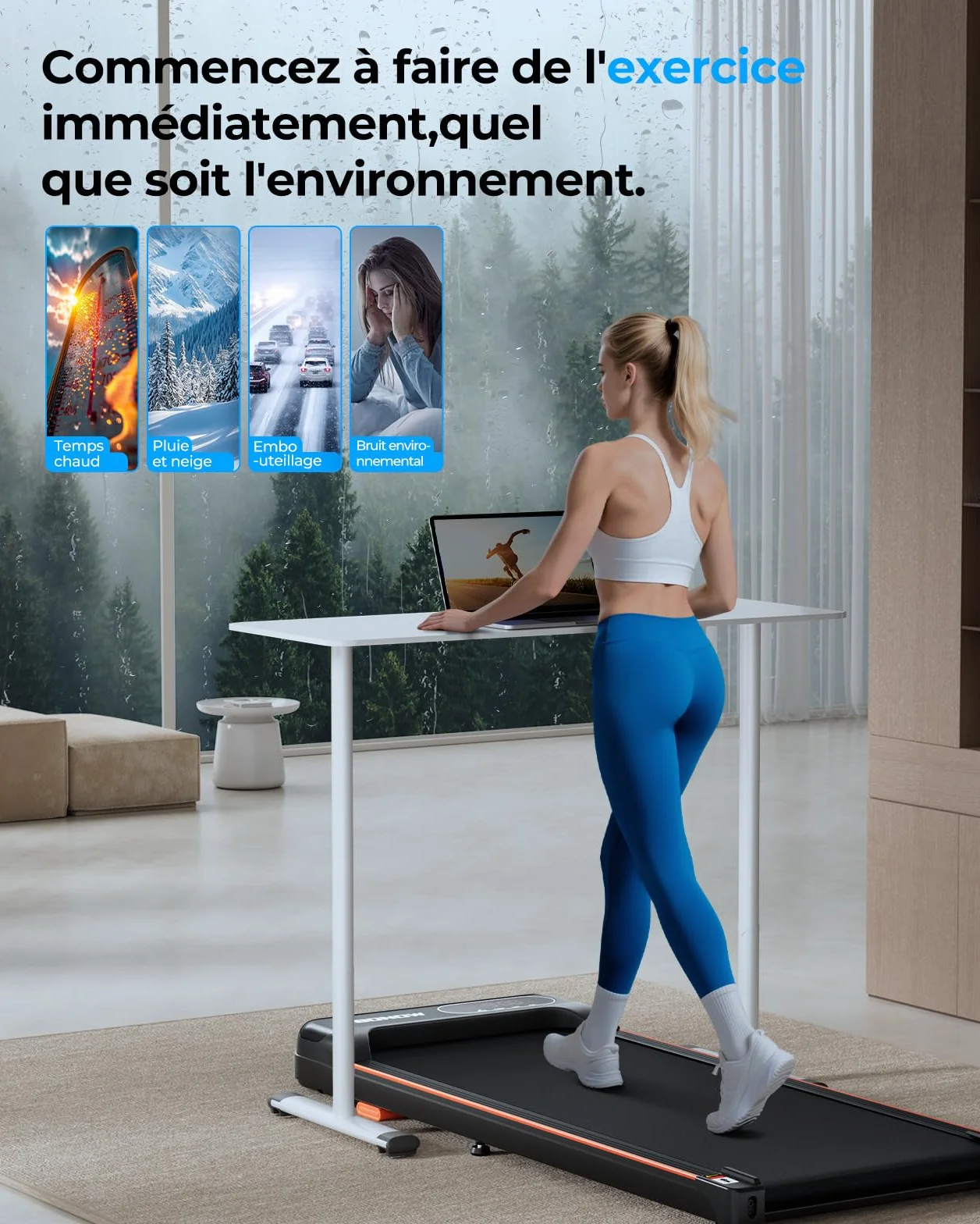 Tapis de Marche avec Inclinaison, 1-6 km/h, 8%, Tapis Roulant Portable à Placer sous Un Bureau, Appareil de Fitness pour la Maison ou Le Bureau, Machine de Marche silencieuse