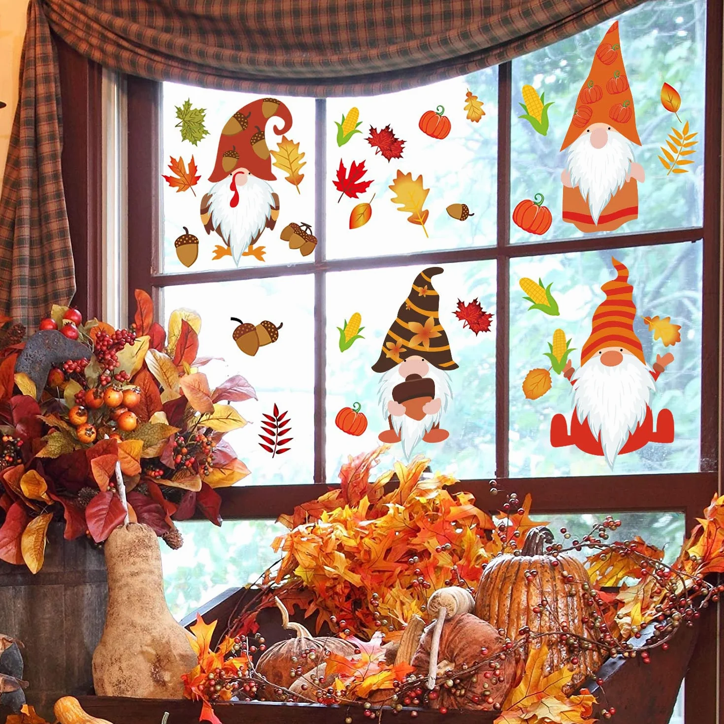 Stickers Fenêtre 8 LUTINS + FEUILLES colorées Réutilisable Autocollant Fenêtre Gnome Décoration Fenêtre Stickers Vitre GRAND