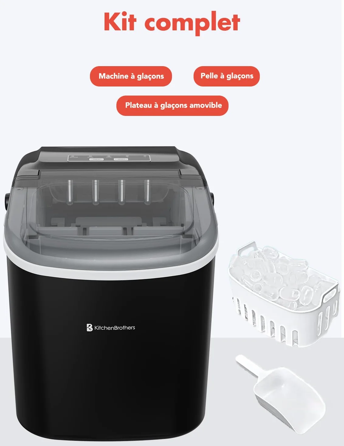 KitchenBrothers Machine à Glaçons Professionnel 12KG/24h 1,2L Portable avec Poignée