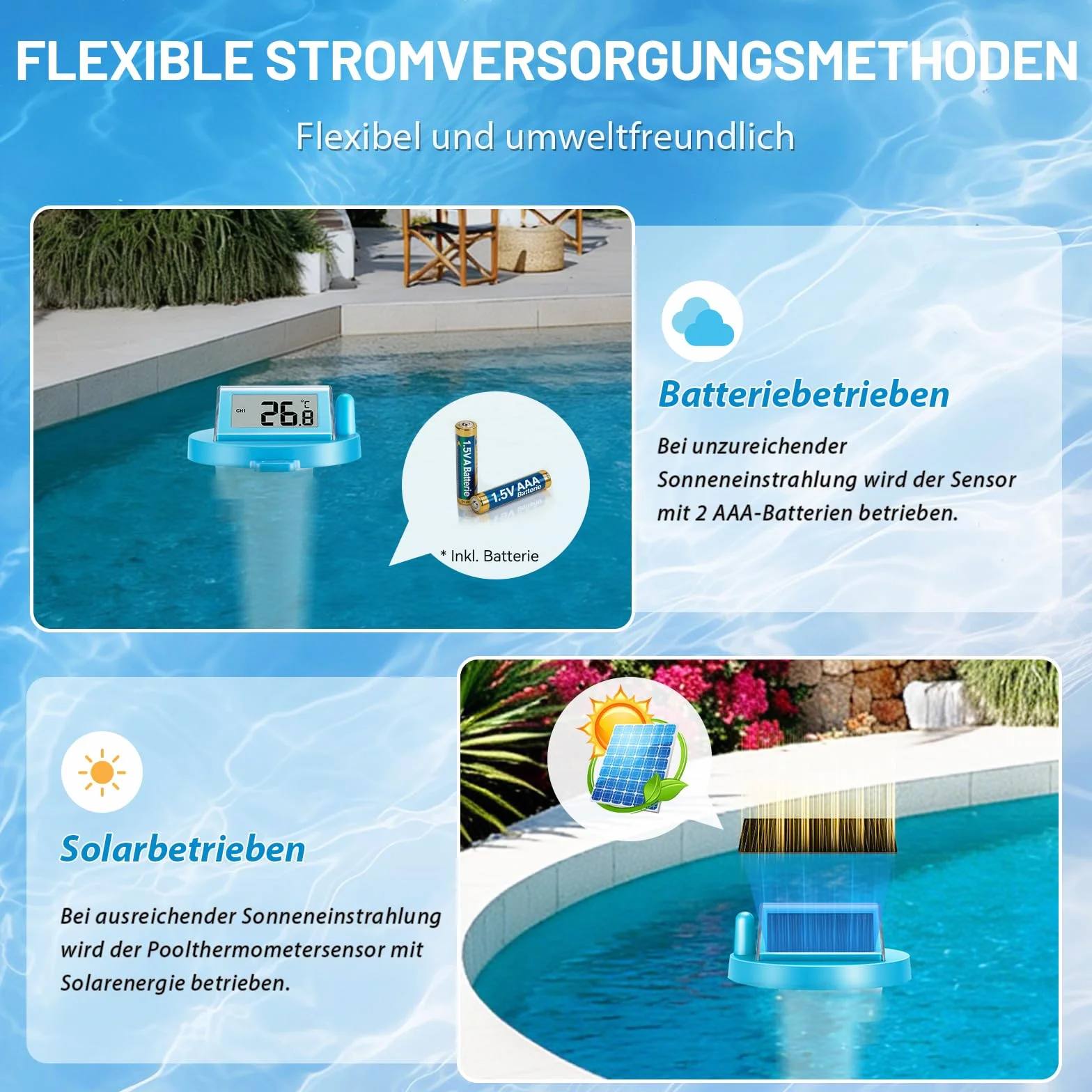 Warmfay Thermomètre de piscine numérique sans fil solaire batterie IP68 récepteur 70 m