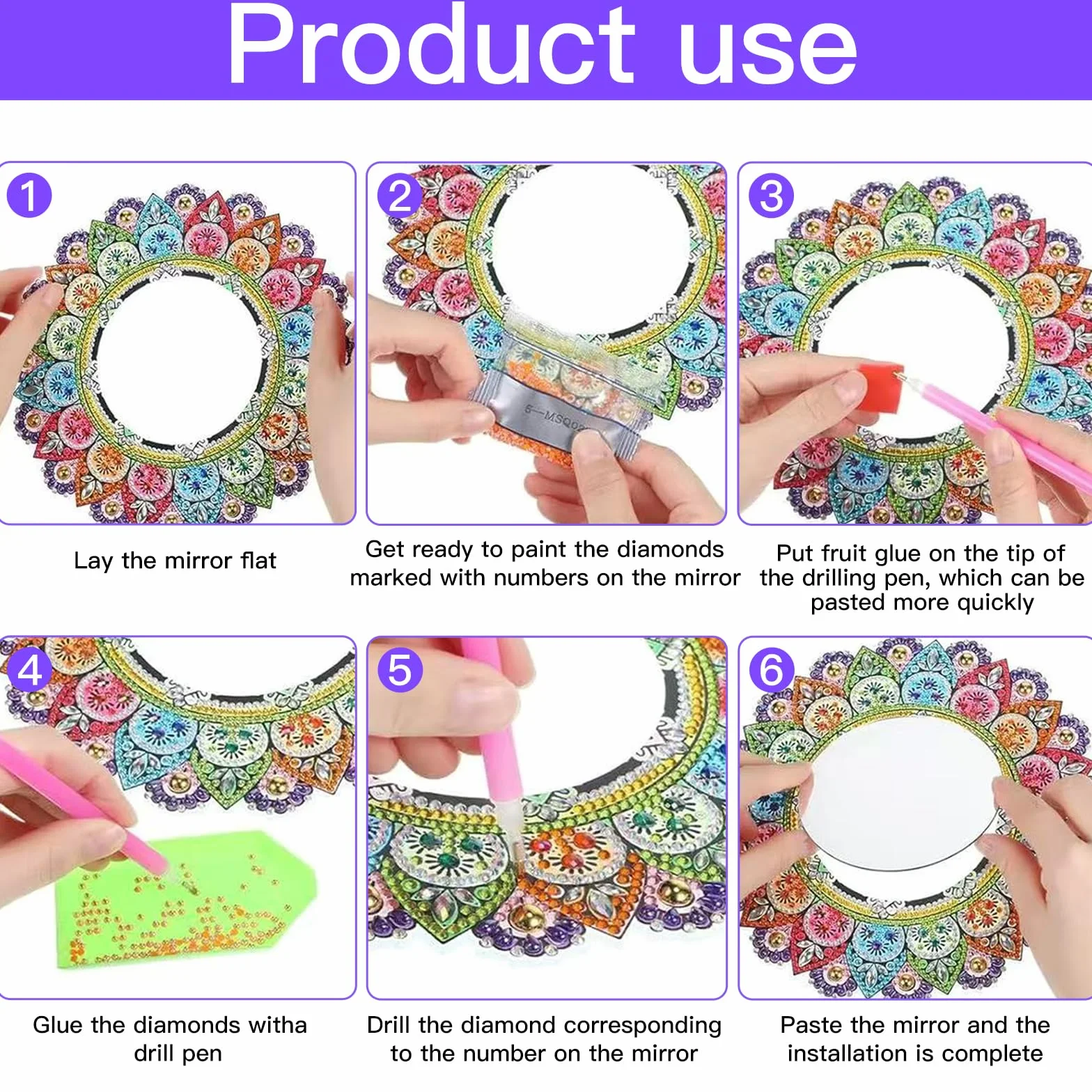 Binnan 5D Diamond Painting Mirror, Miroir de Maquillage Mandala, Miroir Diamant en Cristal pour Filles
