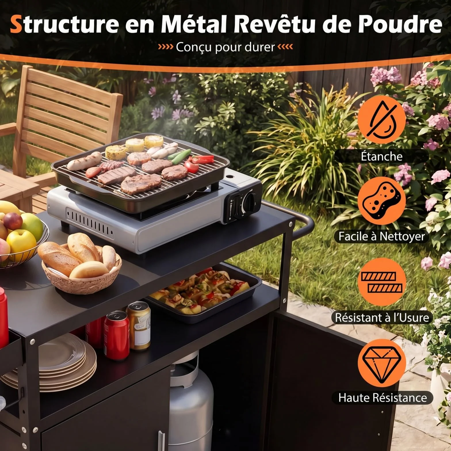 COSTWAY Chariot de Barbecue à roulettes 109 x 45 x 89 cm avec Rangement et Porte-Serviettes