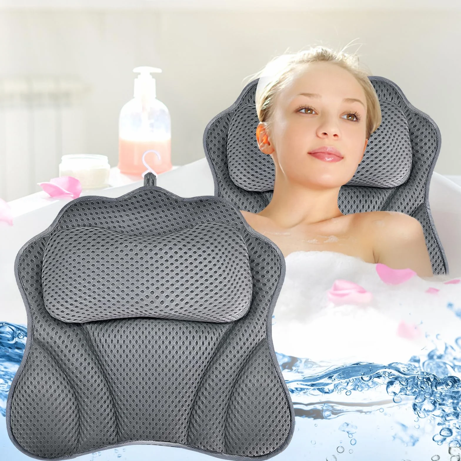 Oreiller de Bain Coussin Baignoire Technologie 4D Air Mesh 6 Ventouses Gris 41x48cm