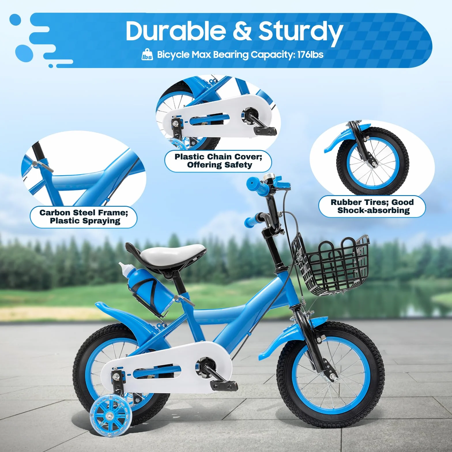 Velo Enfant 3 Ans, Velo Enfant 4 Ans, Velo 12 Pouces, avec Cadre Acier Carbone, Double Frein, Selle Réglable et Roues Stabilisatrices, Capacité 40kg, Vélo Enfant pour 2-4 Ans