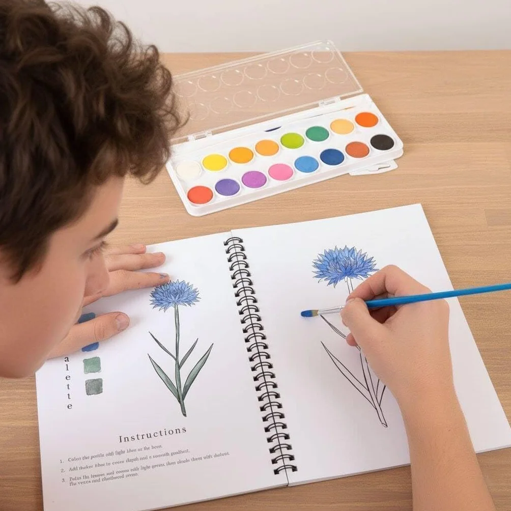 Cahier d'aquarelle pour débutants, 30 motifs fleurs animaux, 16 couleurs, 2 pinceaux, livre de peinture aquarelle adultes détente
