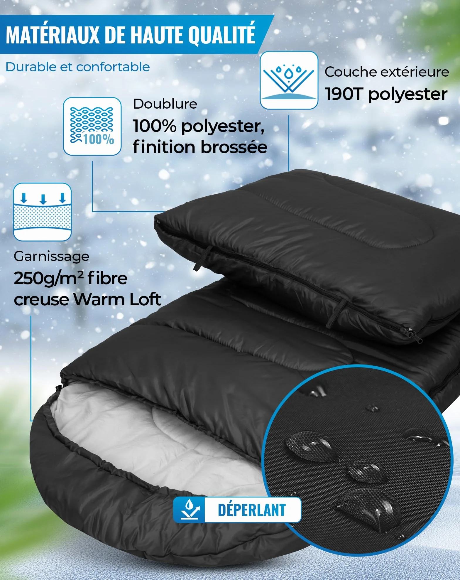 KingCamp Sac de Couchage Oasis 3-4 Saisons Imperméable et Léger pour Le Camping (Enfants et Adultes) - Reliable Gauche/Droite en Double Sac, Idéal pour Les Voyages et Activités Plein Air