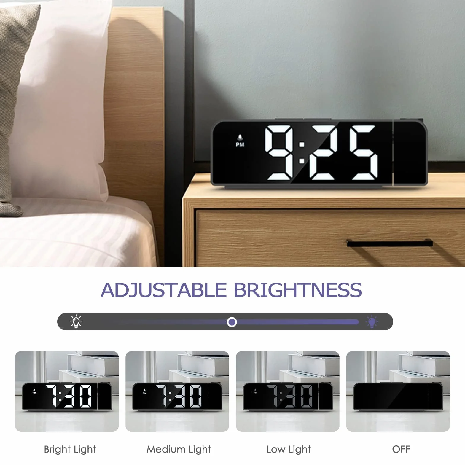 Réveil Projecteur Plafond 180° Numérique LED 7.9" 4 Luminosités Réglable Snooze Température