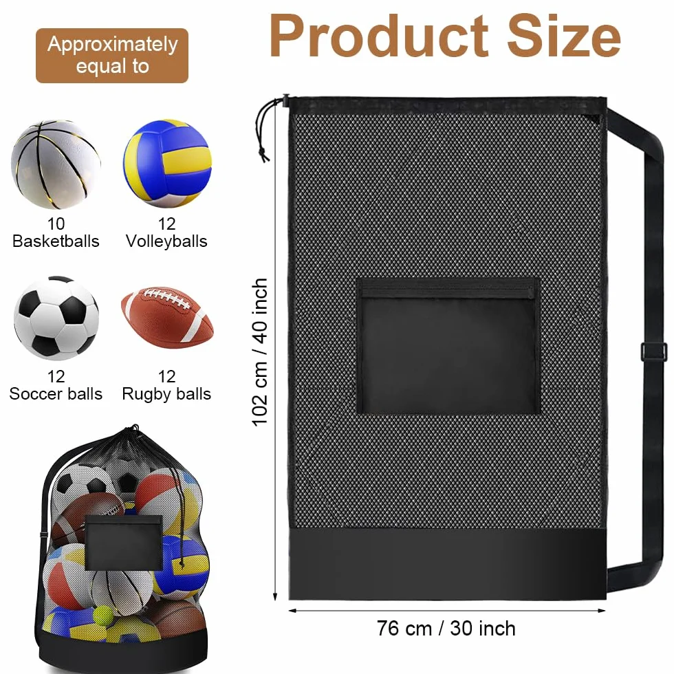 Sac pour ballons de football, 76 × 102 cm, sac de football en maille pour 8-15 ballons avec cordon de serrage et bandoulière