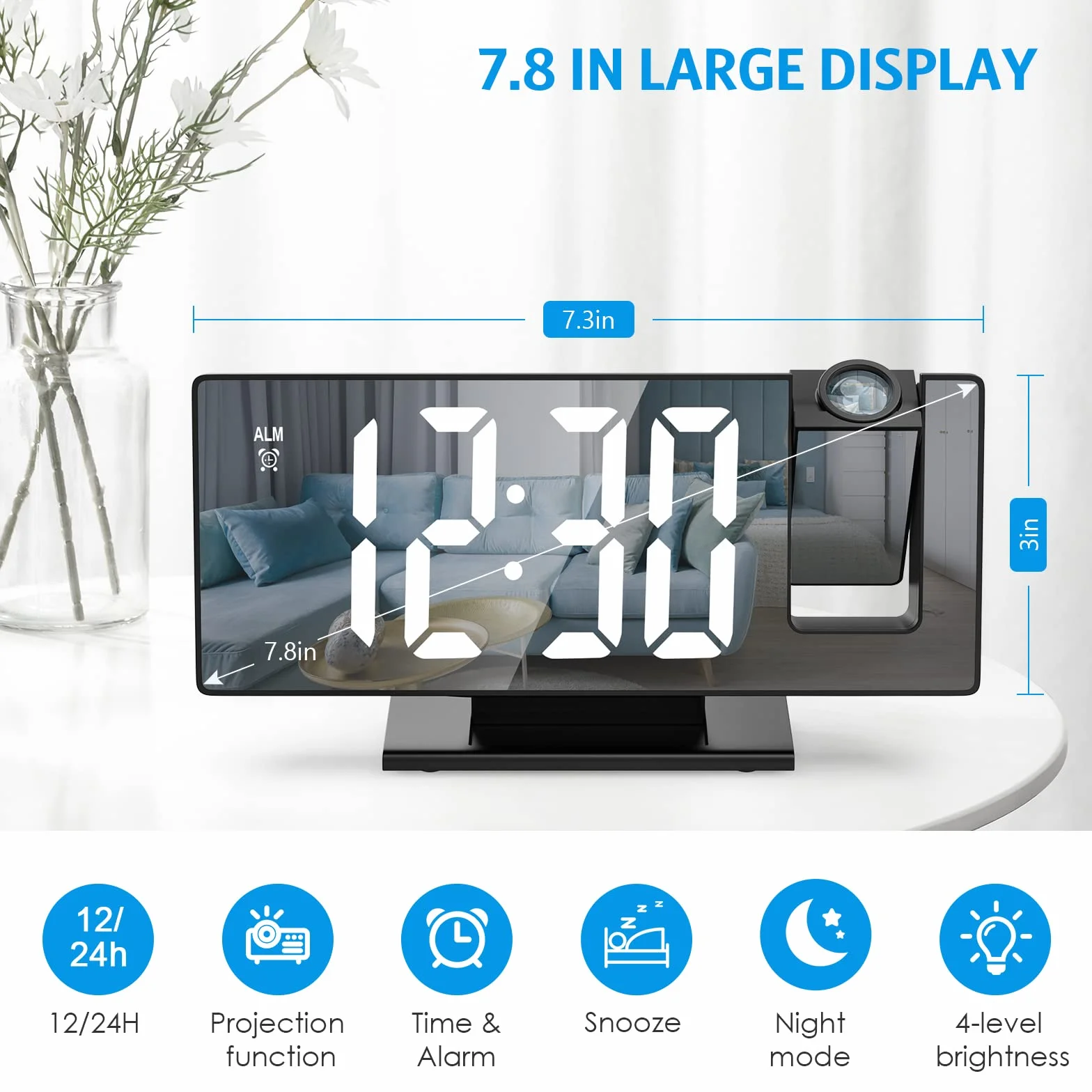 Réveil Projecteur Plafond LED Miroir Horloge Digitale Projection 180° USB