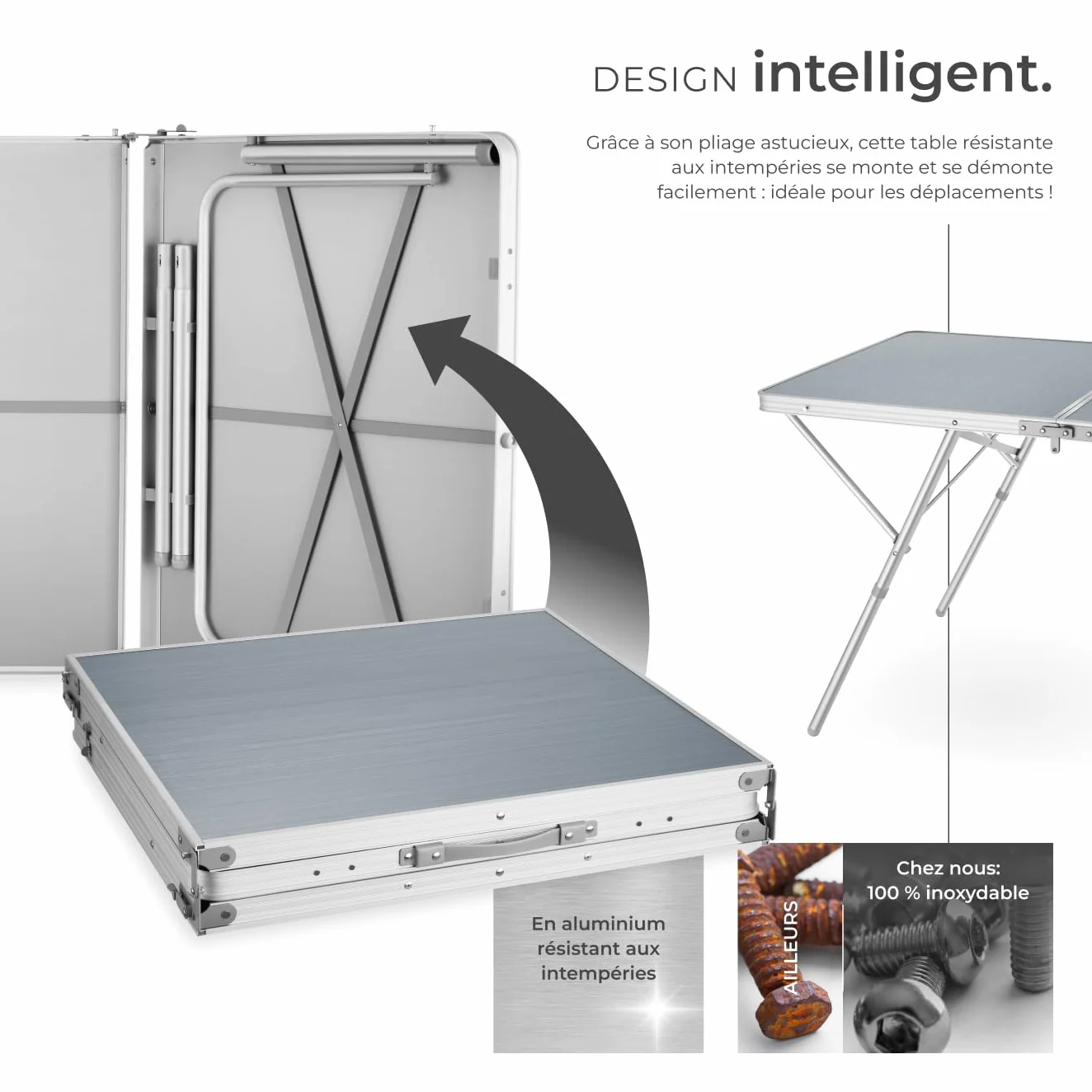 Tectake Table Pliante de Pique Nique Camping Aluminium INOX 180x70x70cm Réglable en Hauteur