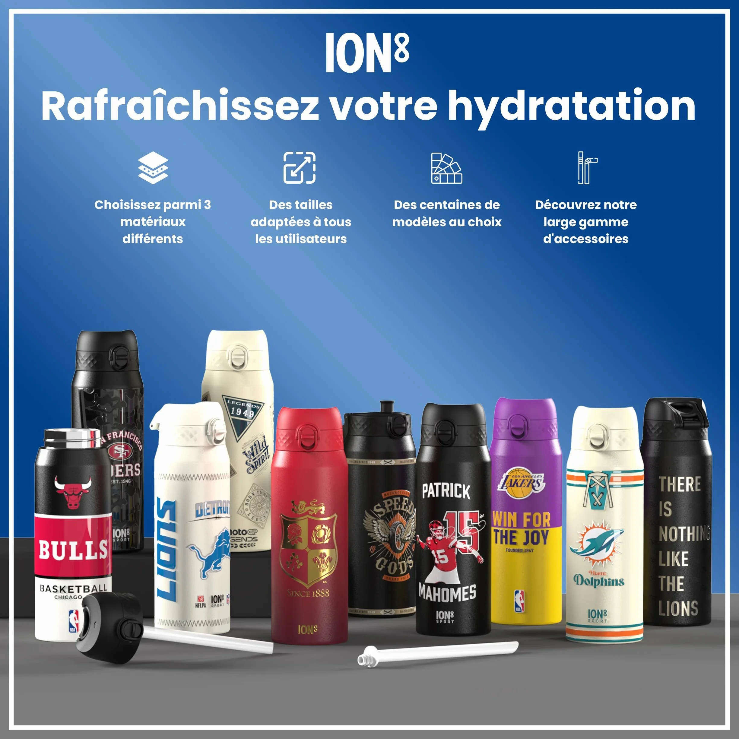 Ion8 NBA Équipes Multiples Gourde, 500ml, Anti-Fuite, Facile à Ouvrir, Verrouillage Sécurisé, Lavable en Lave-vaisselle, Sans BPA, Poignée de Transport, S'adapte aux Porte-gobelets, Facile à Nettoyer
