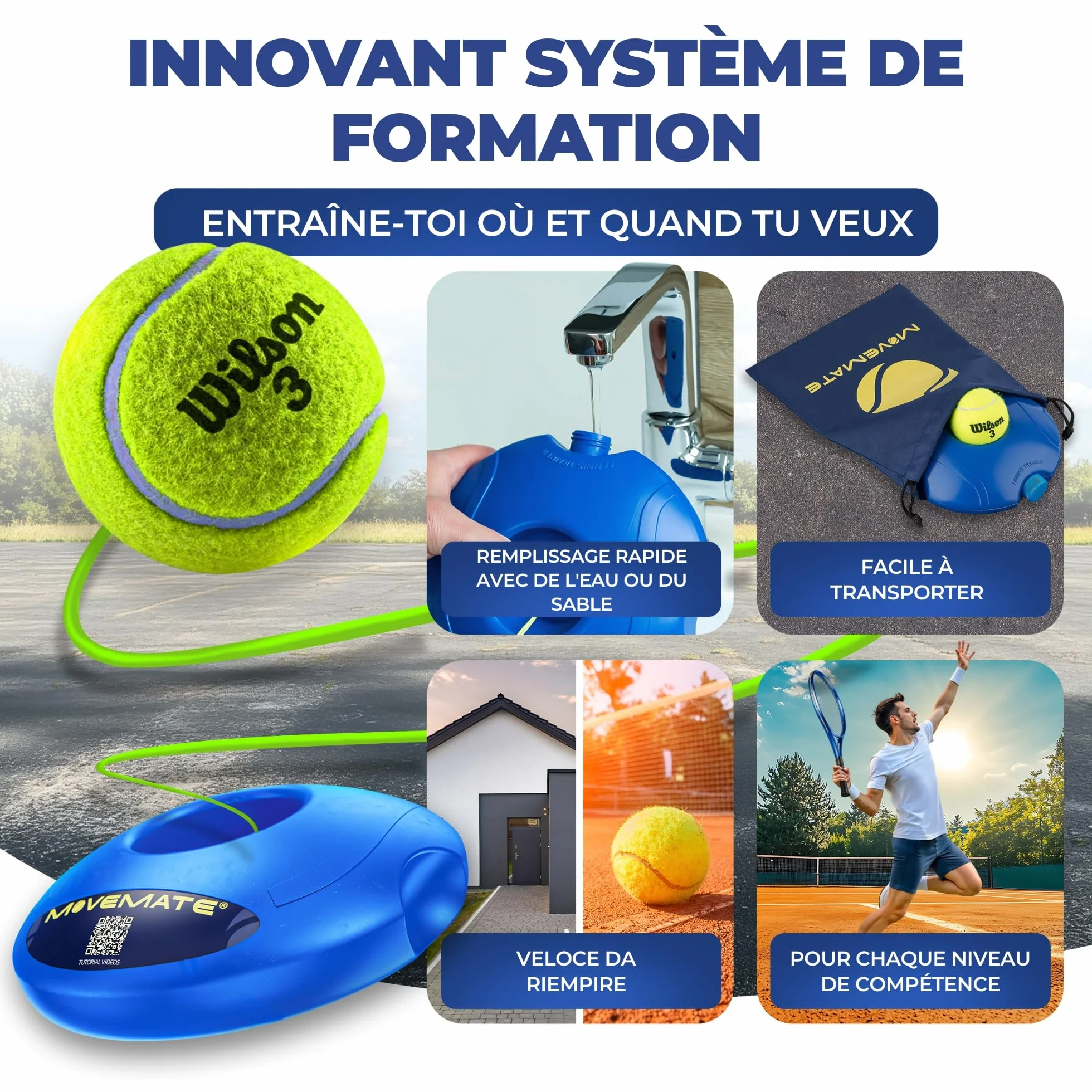 MOVEMATE Entraîneur de Tennis avec Balle Wilson® - Appareil de Sport pour Loisirs et Plein Air