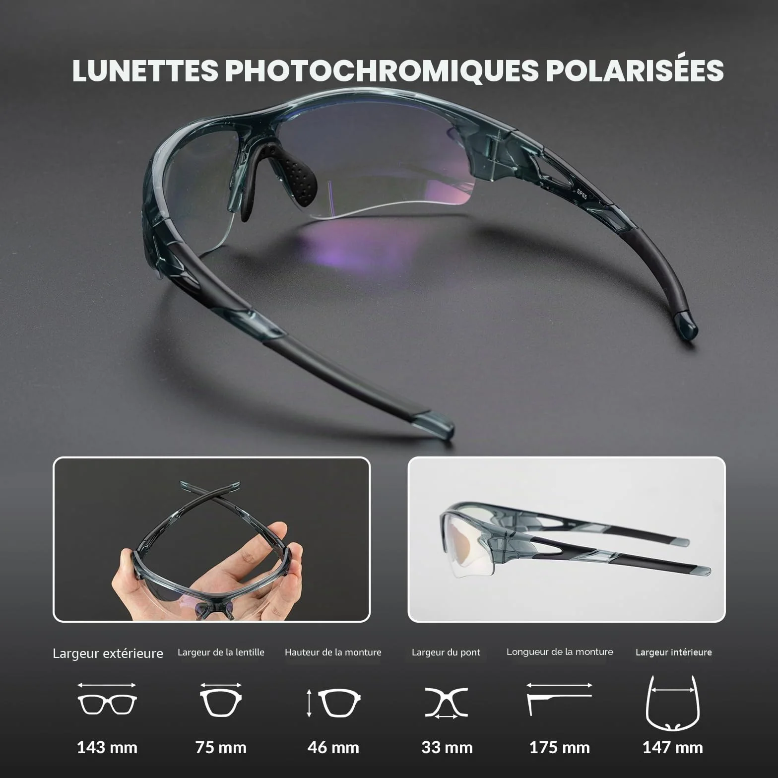 ROCKBROS Lunettes de Soleil Sport, Cyclisme Lunette Photochromiques pour Vélo VTT Pêche, Verres Transparents en PC Anti-UV400 Ultra-léger Unisexe