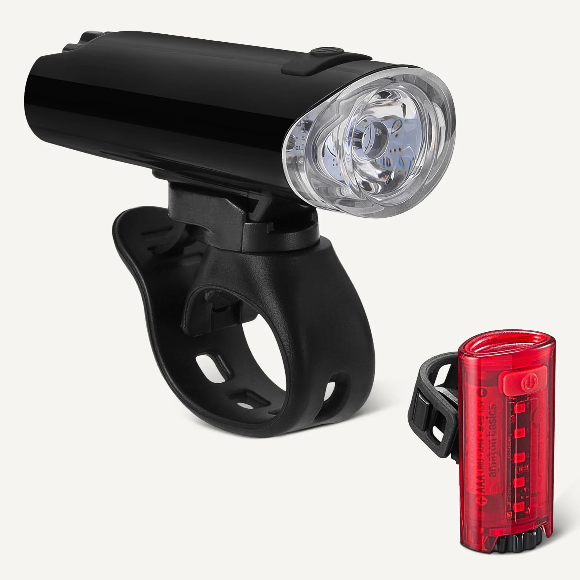 Amazon Basics Set d'Éclairage Vélo LED avec Phare 100 Lumens et Feu Arrière 10 Lumens - Lampes de Vélo Étanches à 3 Modes avec Supports - Piles Incluses - Noir et Rouge